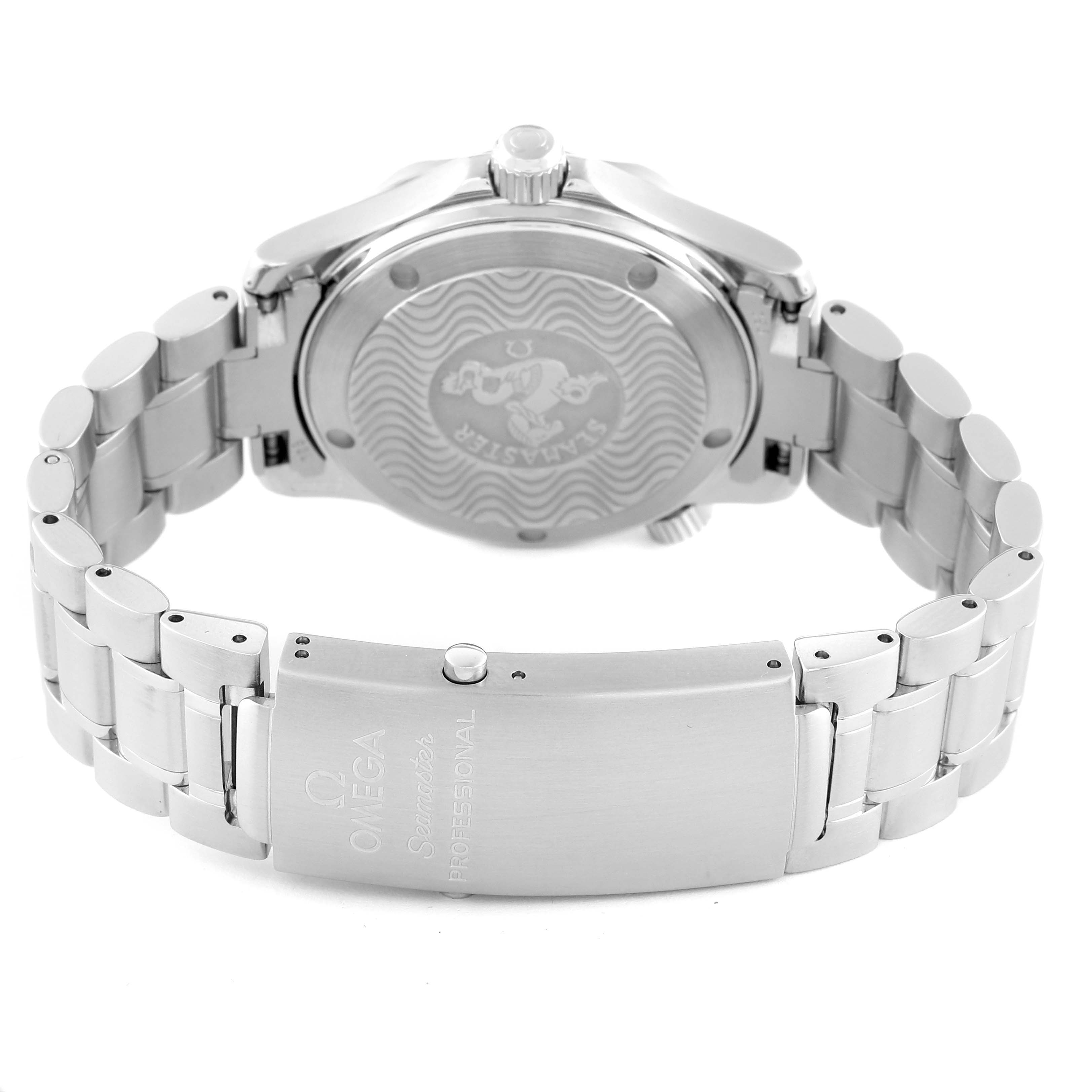 The image shows the backside and bracelet clasp of the Omega Seamaster 2262.50.00 Men
s Stainless Steel Black Dial 2262.50.00 Men
s Stainless Steel Black Dial watch, highlighting the case back and the engraved clasp.