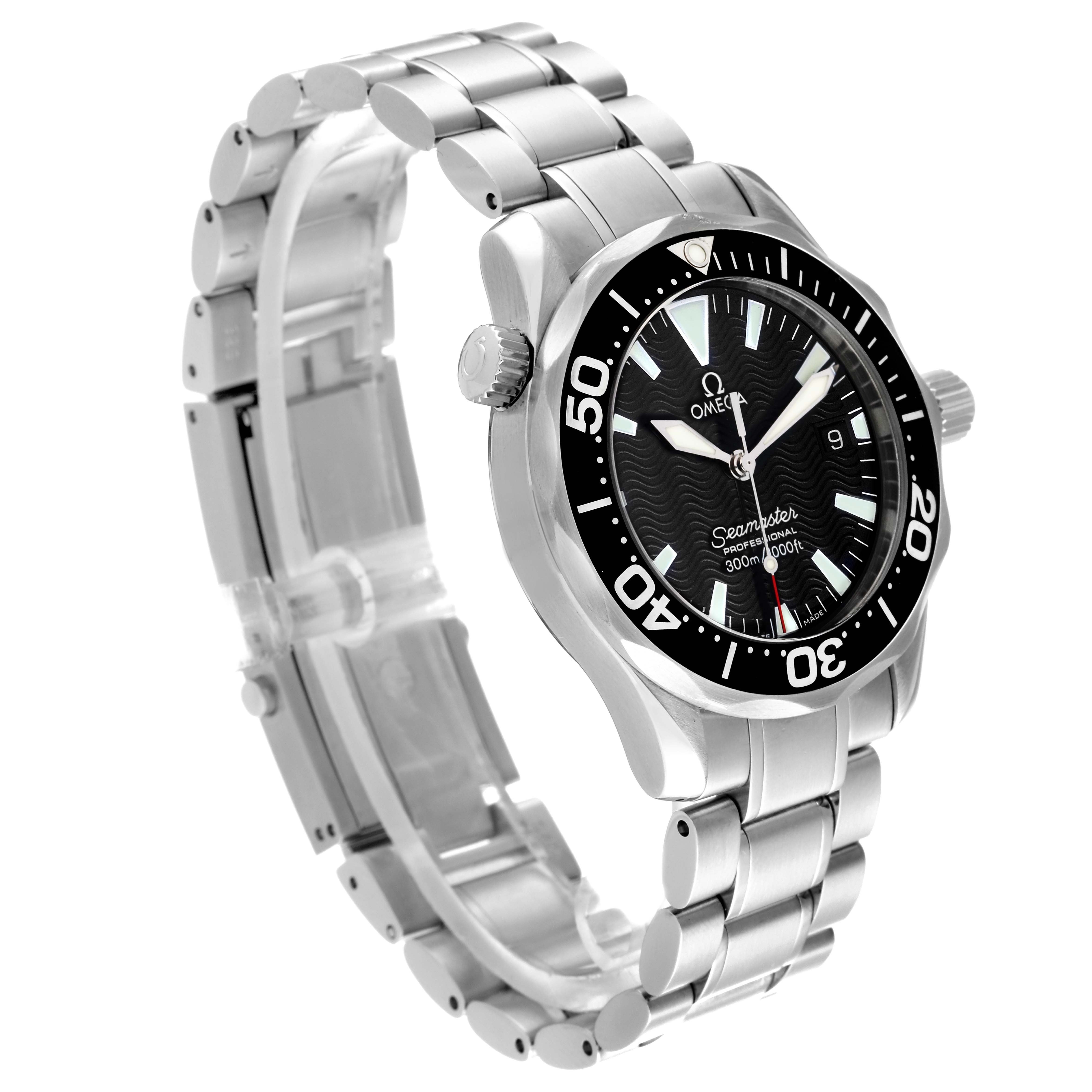 The Omega Seamaster 2262.50.00 Men
s Stainless Steel Black Dial 2262.50.00 Men
s Stainless Steel Black Dial watch is shown at a three-quarter angle displaying its bracelet, bezel, dial, and crown.