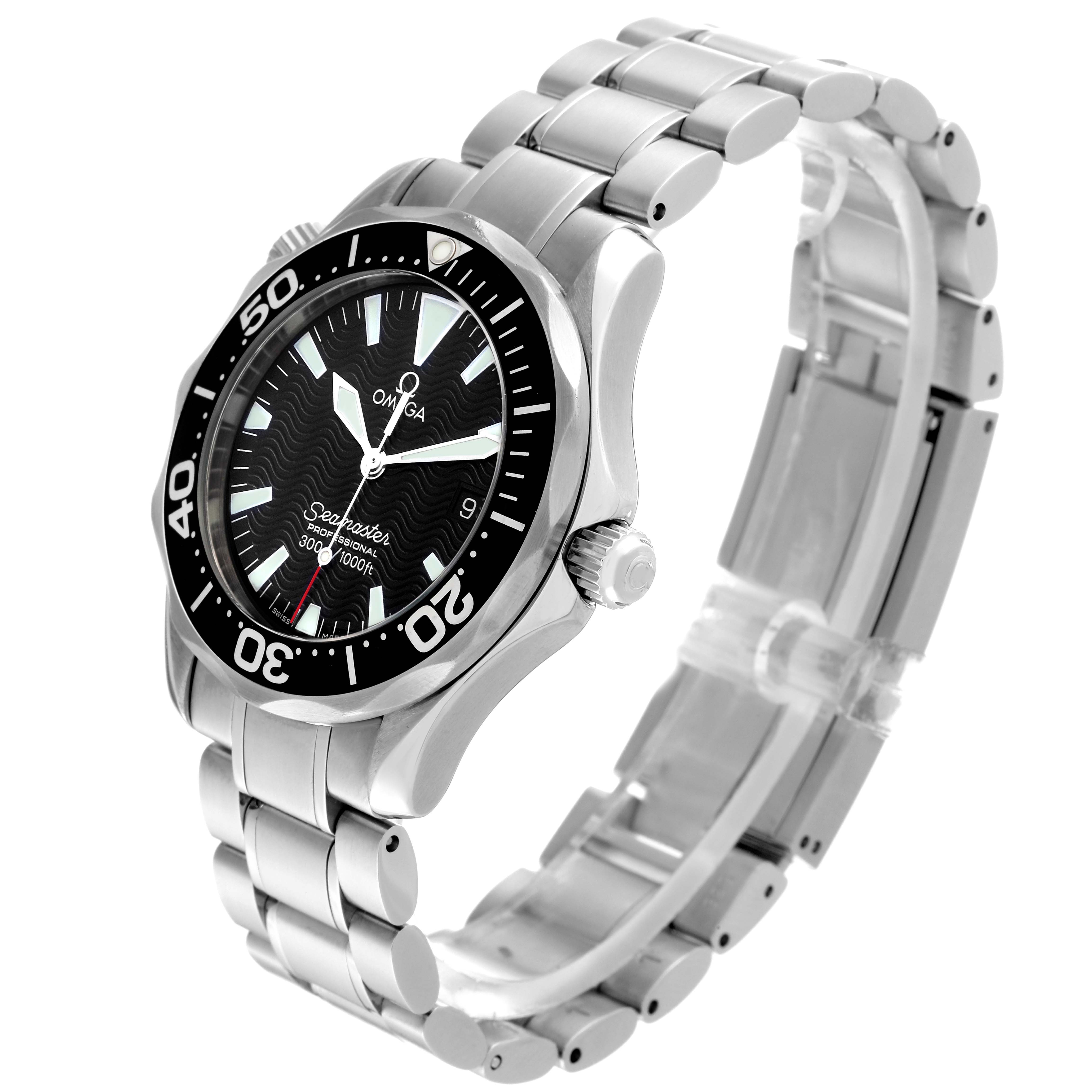 The Omega Seamaster 2262.50.00 Men
s Stainless Steel Black Dial 2262.50.00 Men
s Stainless Steel Black Dial watch is shown at a slight angle, highlighting its face, bezel, crown, and metal bracelet.