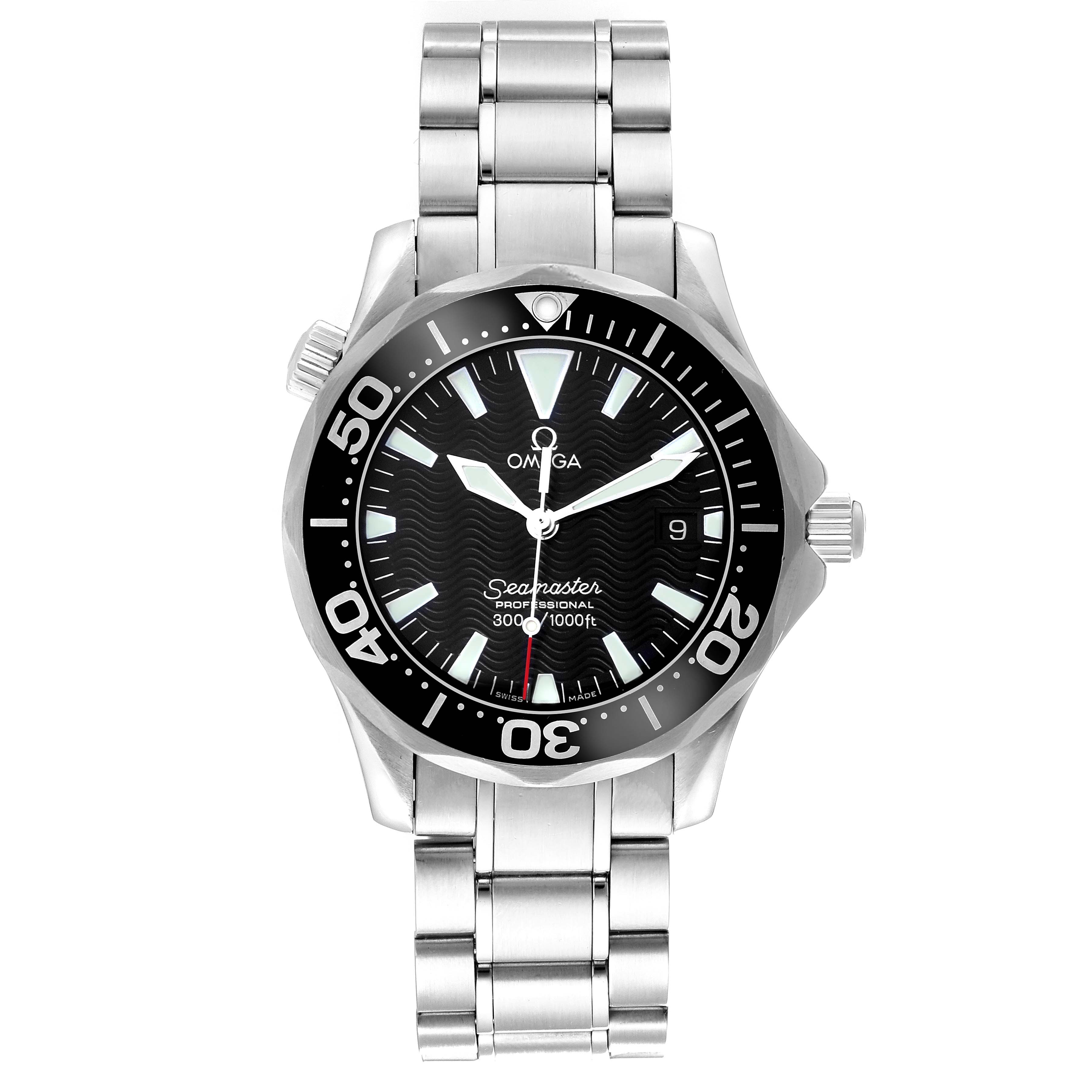 The image shows a front view of the Omega Seamaster 2262.50.00 Men
s Stainless Steel Black Dial 2262.50.00 Men
s Stainless Steel Black Dial watch, displaying its face, bezel, and stainless steel bracelet.