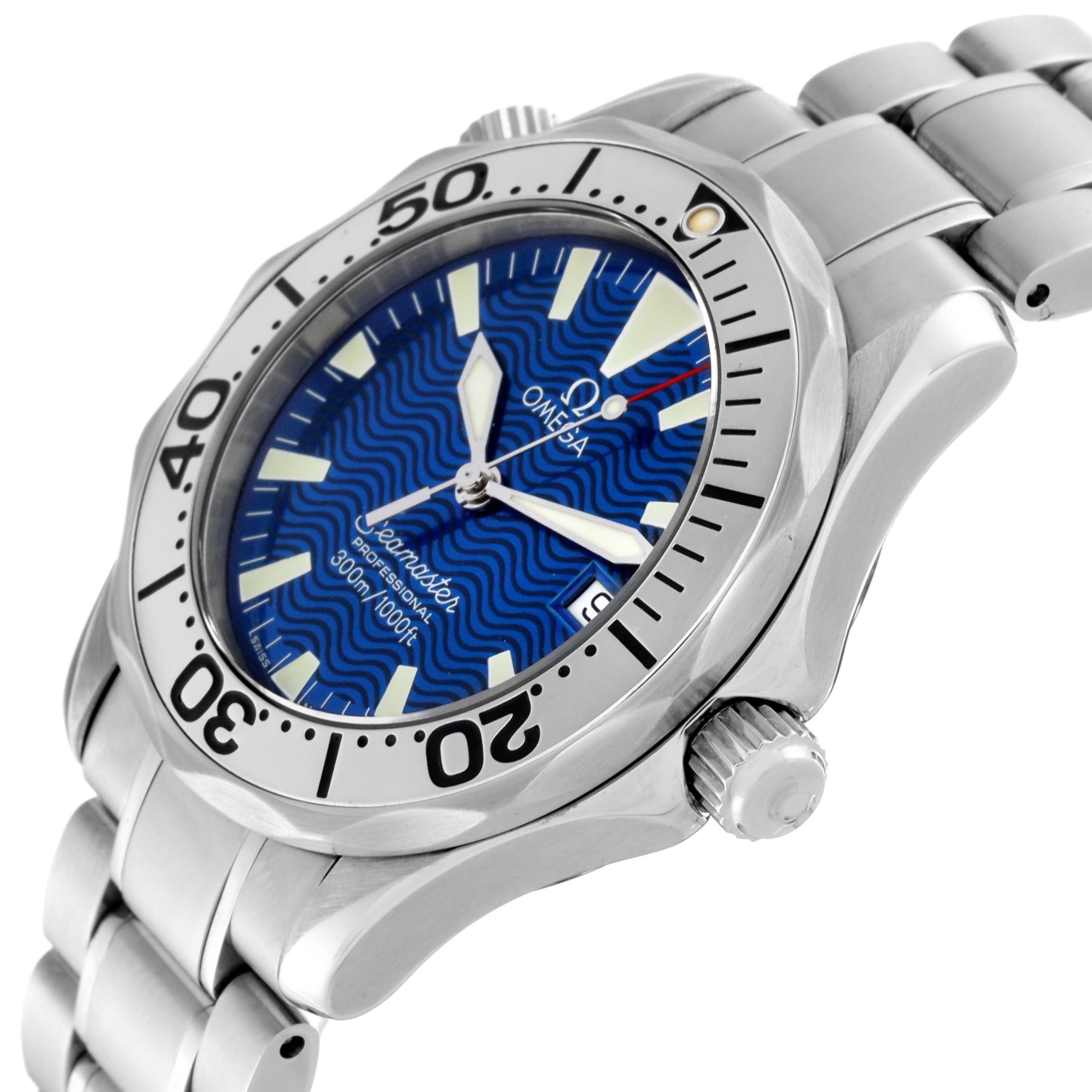 The image shows an Omega Seamaster 2263.80.00 Men
s Stainless Steel Blue Dial 2263.80.00 Men
s Stainless Steel Blue Dial watch at an oblique angle, highlighting the bezel, dial, crown, and part of the bracelet.