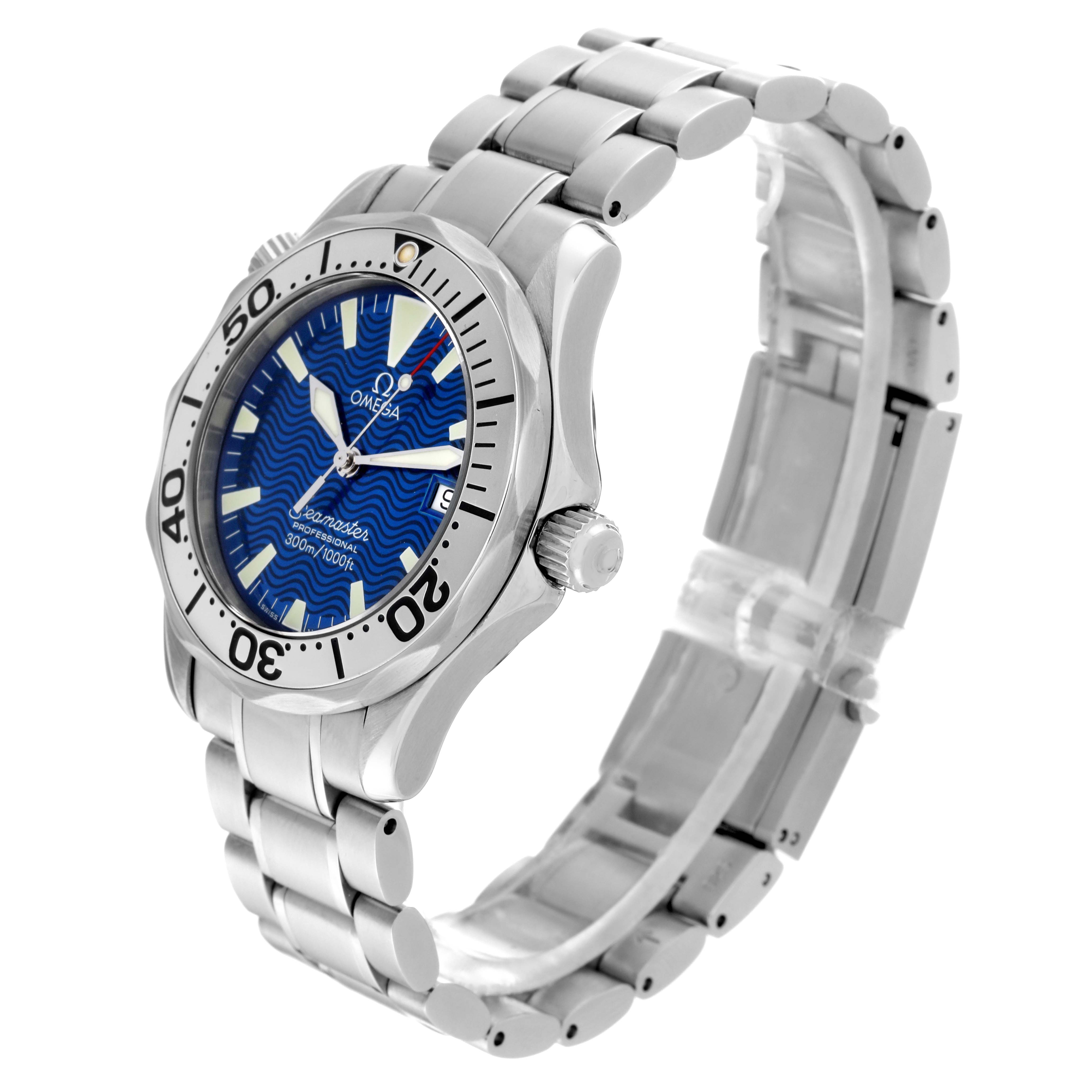 The image shows a side-front view angle of the Omega Seamaster 2263.80.00 Men
s Stainless Steel Blue Dial 2263.80.00 Men
s Stainless Steel Blue Dial watch, highlighting the bezel, crown, and stainless steel bracelet.