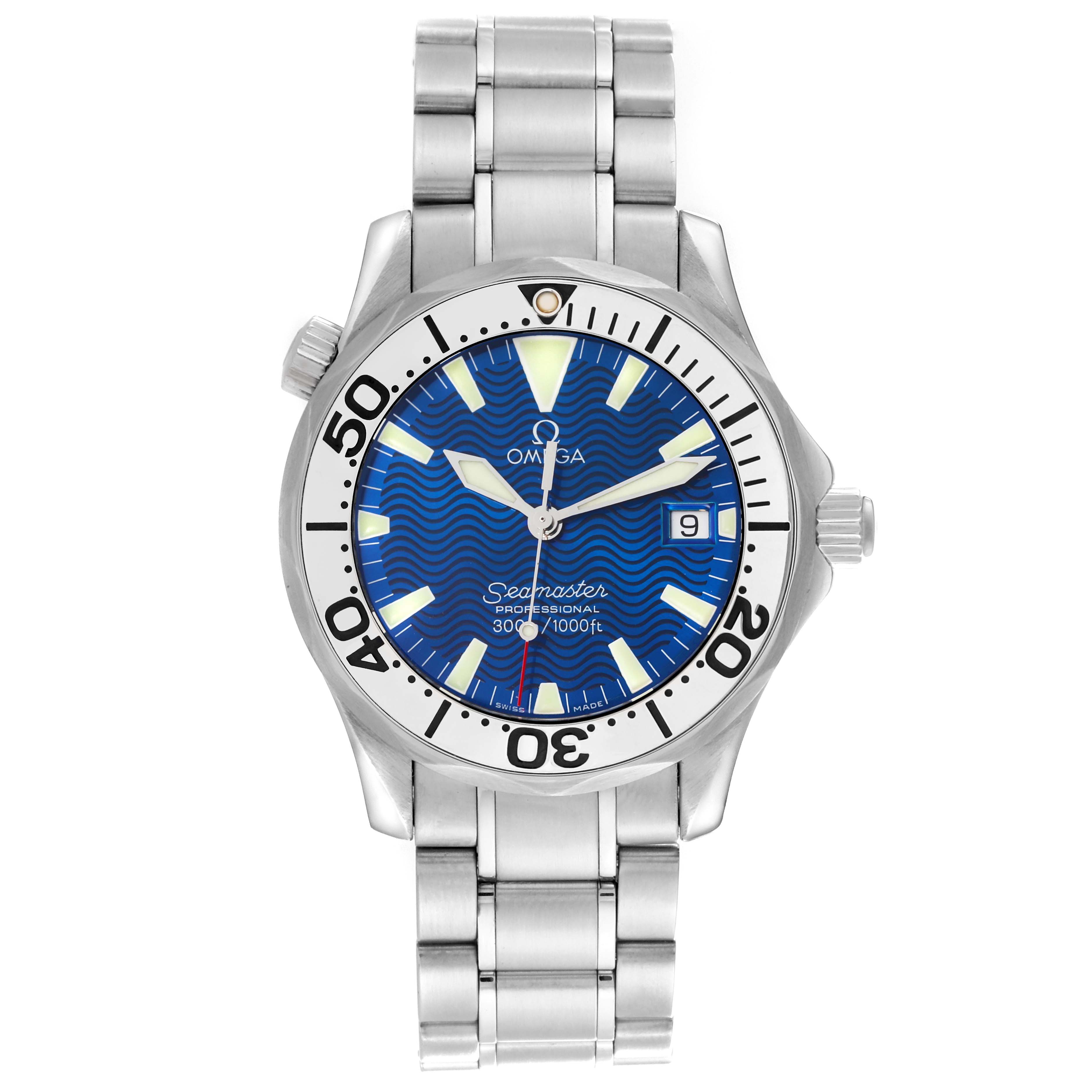 The image shows a frontal view of the Omega Seamaster 2263.80.00 Men
s Stainless Steel Blue Dial 2263.80.00 Men
s Stainless Steel Blue Dial watch, highlighting its blue dial, metal bracelet, and bezel.