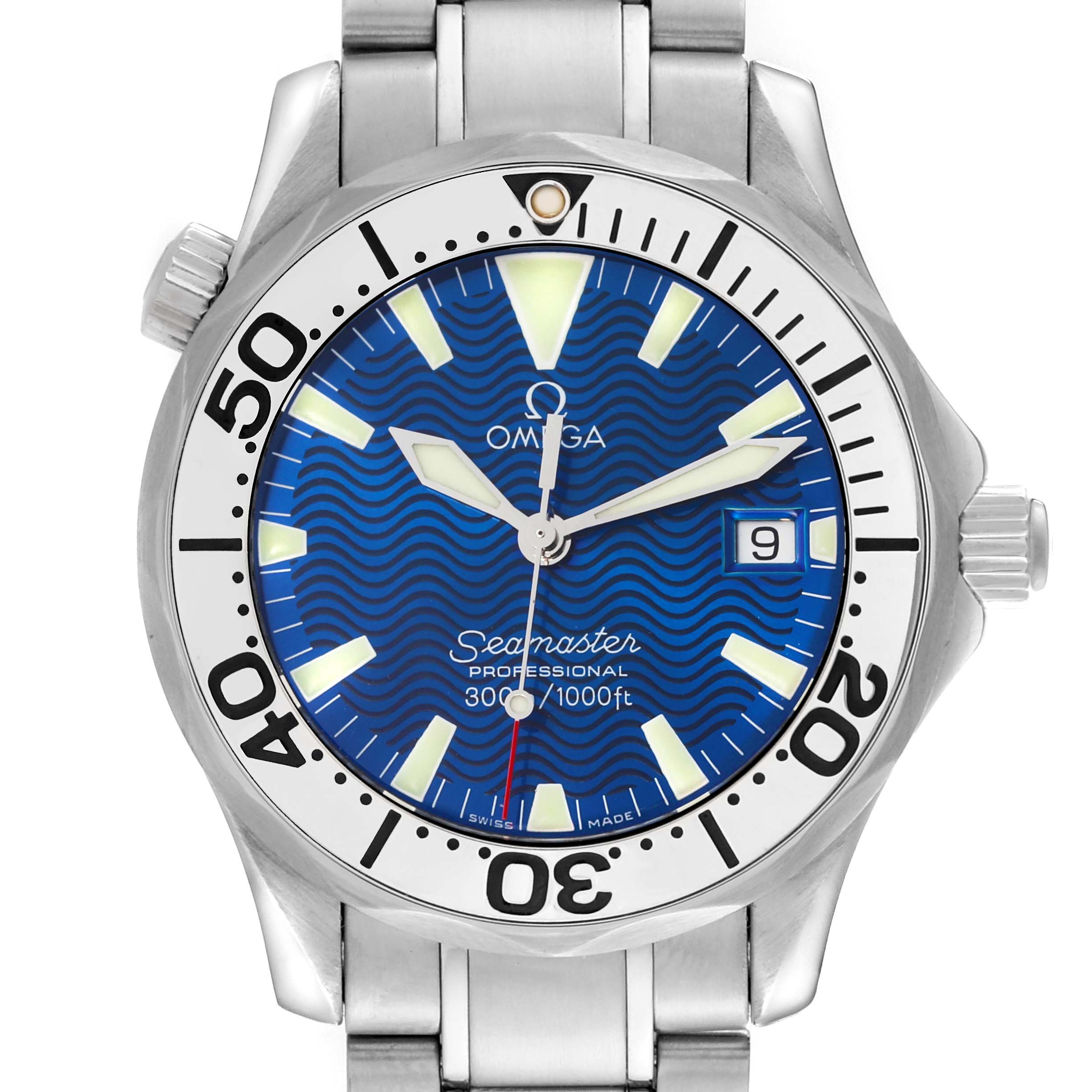This image shows a front view of the Omega Seamaster 2263.80.00 Men
s Stainless Steel Blue Dial 2263.80.00 Men
s Stainless Steel Blue Dial watch, displaying its face, bezel, hands, and part of the bracelet.