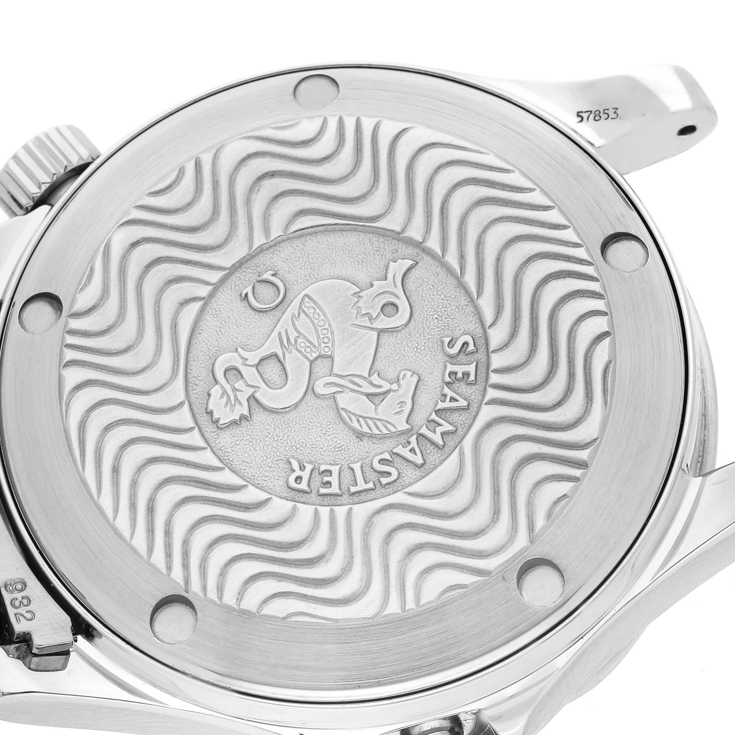 This is the case back of an Omega Seamaster 2263.80.00 Men
s Stainless Steel Blue Dial 2263.80.00 Men
s Stainless Steel Blue Dial watch, showcasing its engraved logo and wavy pattern.