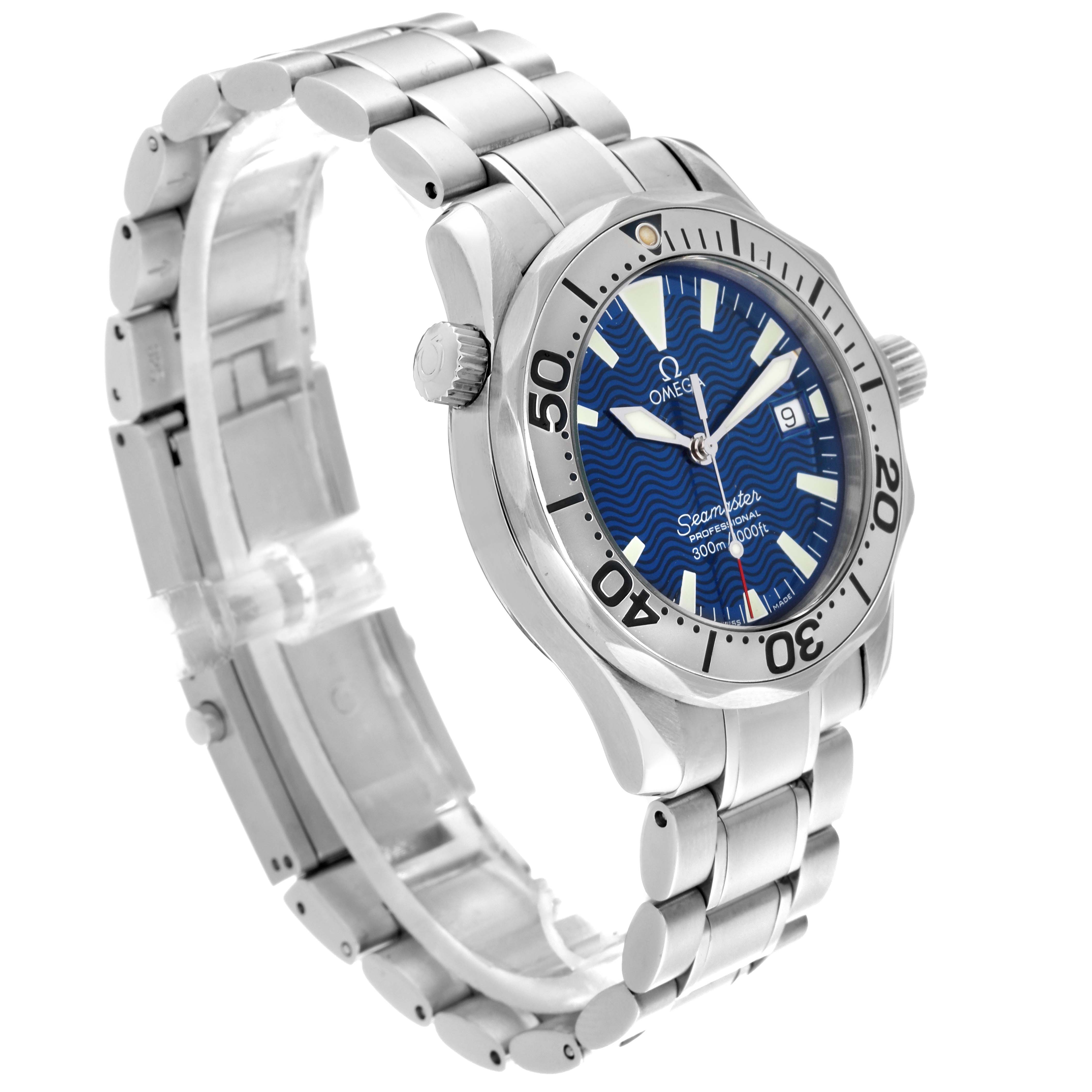 The image shows an Omega Seamaster 2263.80.00 Men
s Stainless Steel Blue Dial 2263.80.00 Men
s Stainless Steel Blue Dial watch at a three-quarter angle, highlighting its bracelet, bezel, dial, and crown.