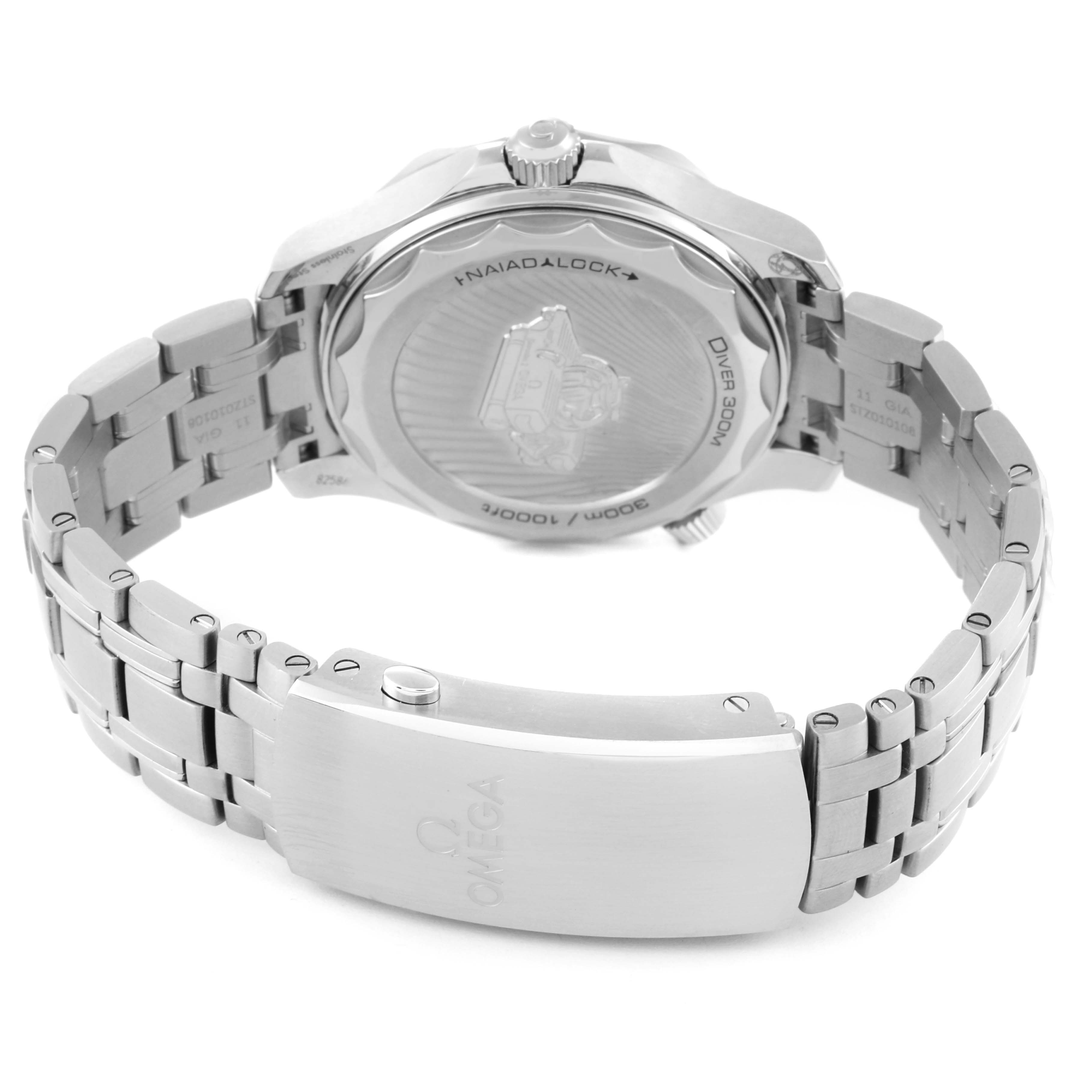 The image shows the back view of an Omega Seamaster 210.30.42.20.01.002 Men's Stainless Steel Black Dial 210.30.42.20.01.002 Men's Stainless Steel Black Dial watch, highlighting its bracelet and clasp.