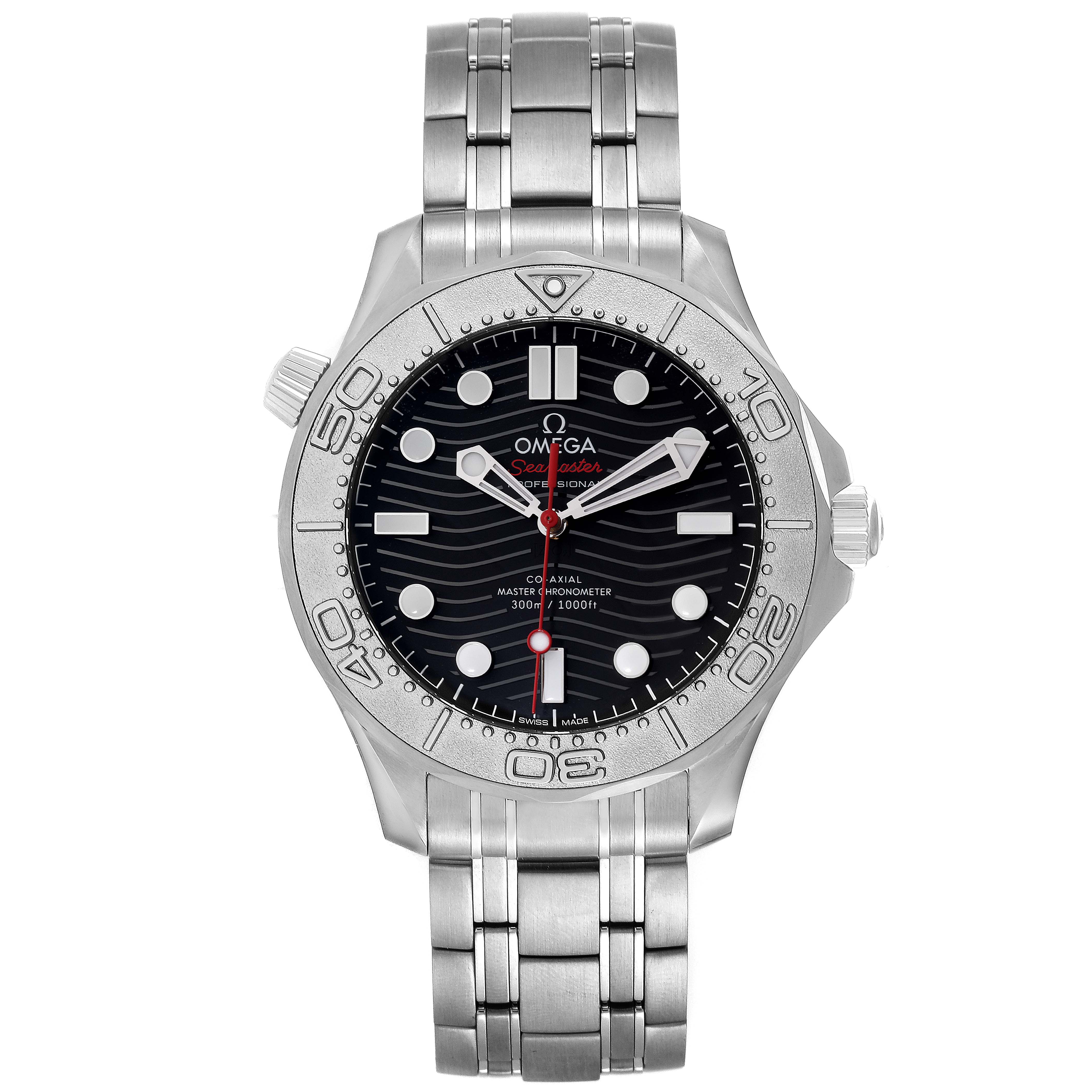 The image shows a front view of the Omega Seamaster 210.30.42.20.01.002 Men's Stainless Steel Black Dial 210.30.42.20.01.002 Men's Stainless Steel Black Dial watch, highlighting its dial, bezel, and metal bracelet.
