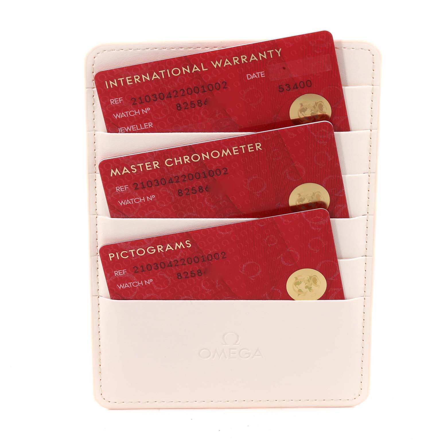 The image shows the warranty cards and certifications for an Omega Seamaster 210.30.42.20.01.002 Men's Stainless Steel Black Dial 210.30.42.20.01.002 Men's Stainless Steel Black Dial watch in a white cardholder.