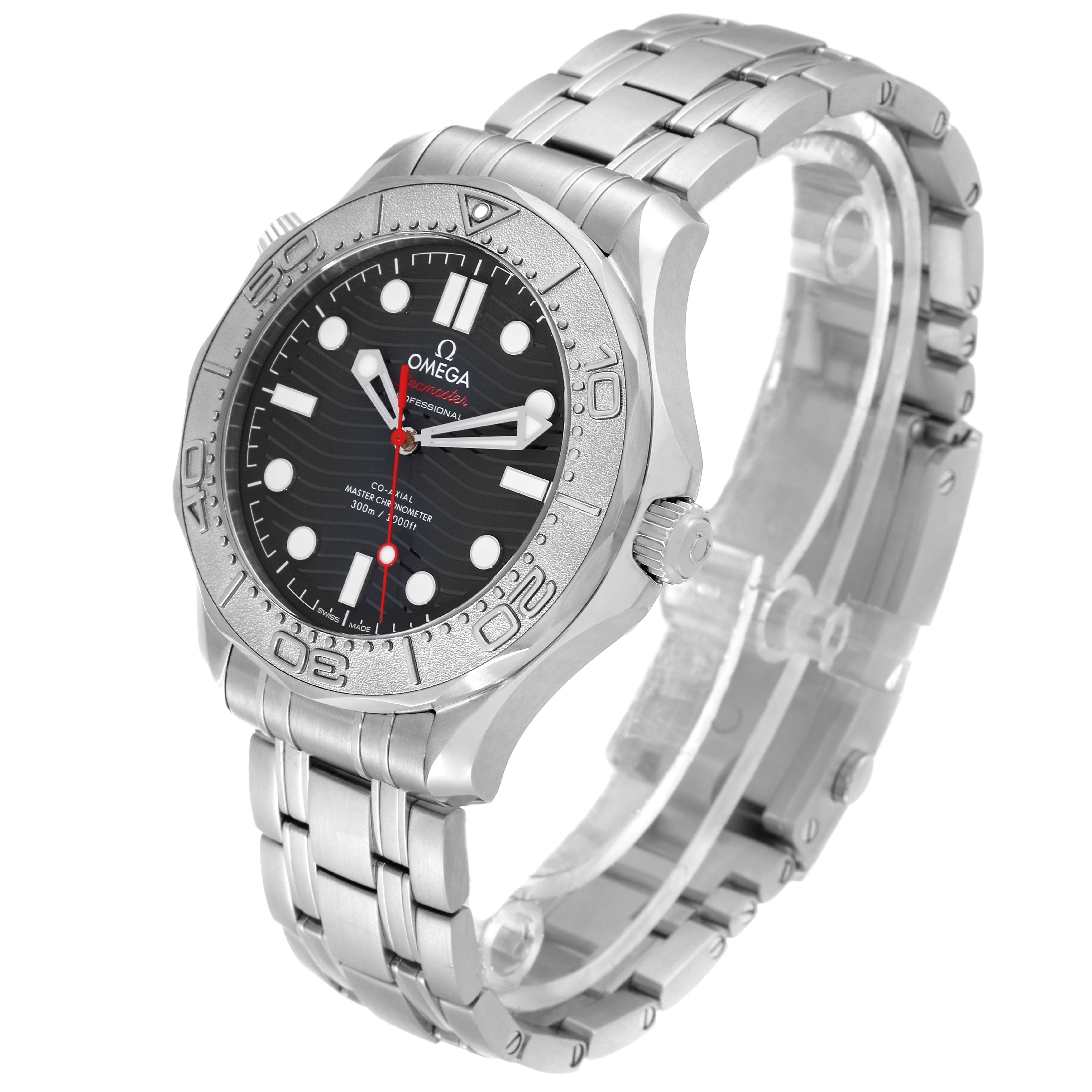 The Omega Seamaster 210.30.42.20.01.002 Men's Stainless Steel Black Dial 210.30.42.20.01.002 Men's Stainless Steel Black Dial watch is shown at a three-quarter angle, highlighting its face, bezel, crown, and stainless steel bracelet.