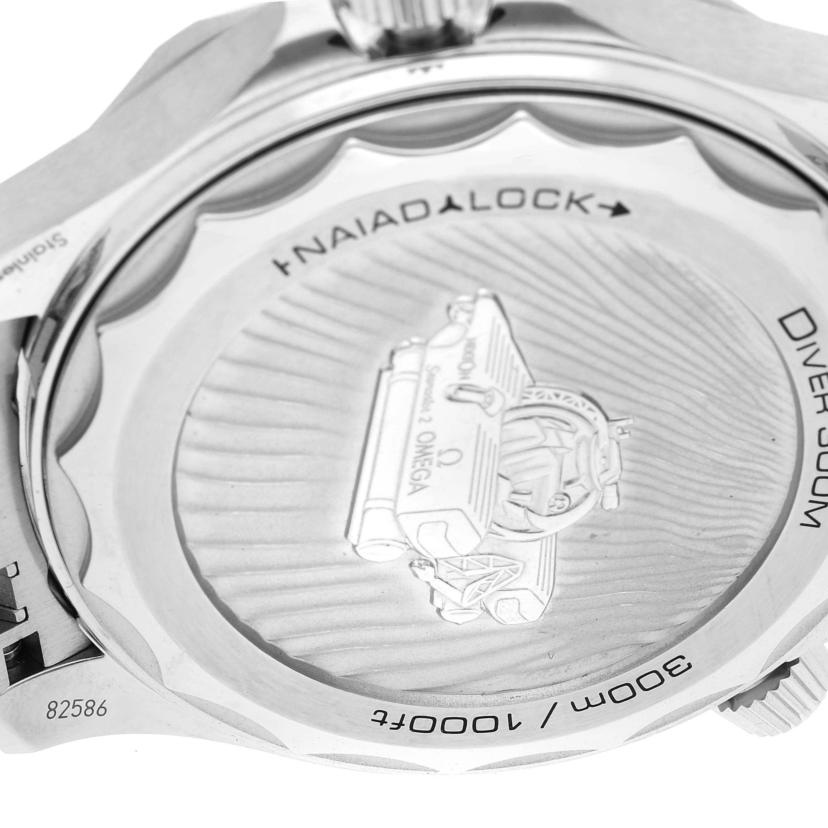 The image shows the back case of the Omega Seamaster 210.30.42.20.01.002 Men's Stainless Steel Black Dial 210.30.42.20.01.002 Men's Stainless Steel Black Dial watch, highlighting the "Naiad Lock" and water resistance details.