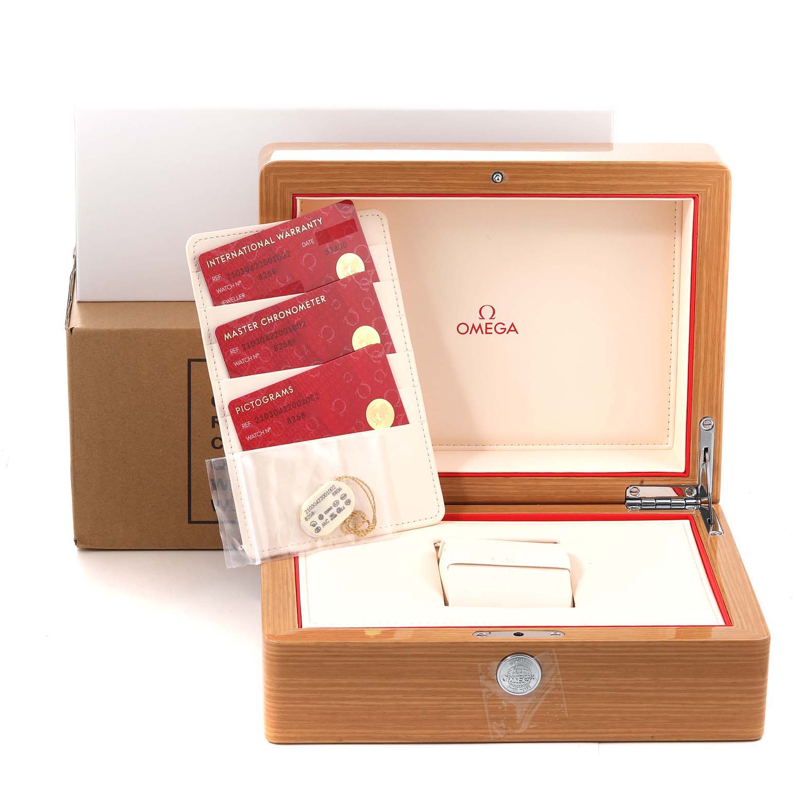 The image shows an Omega Seamaster 210.30.42.20.01.002 Men's Stainless Steel Black Dial 210.30.42.20.01.002 Men's Stainless Steel Black Dial watch box, open to reveal warranty cards, a tag, and a cushion for the watch.