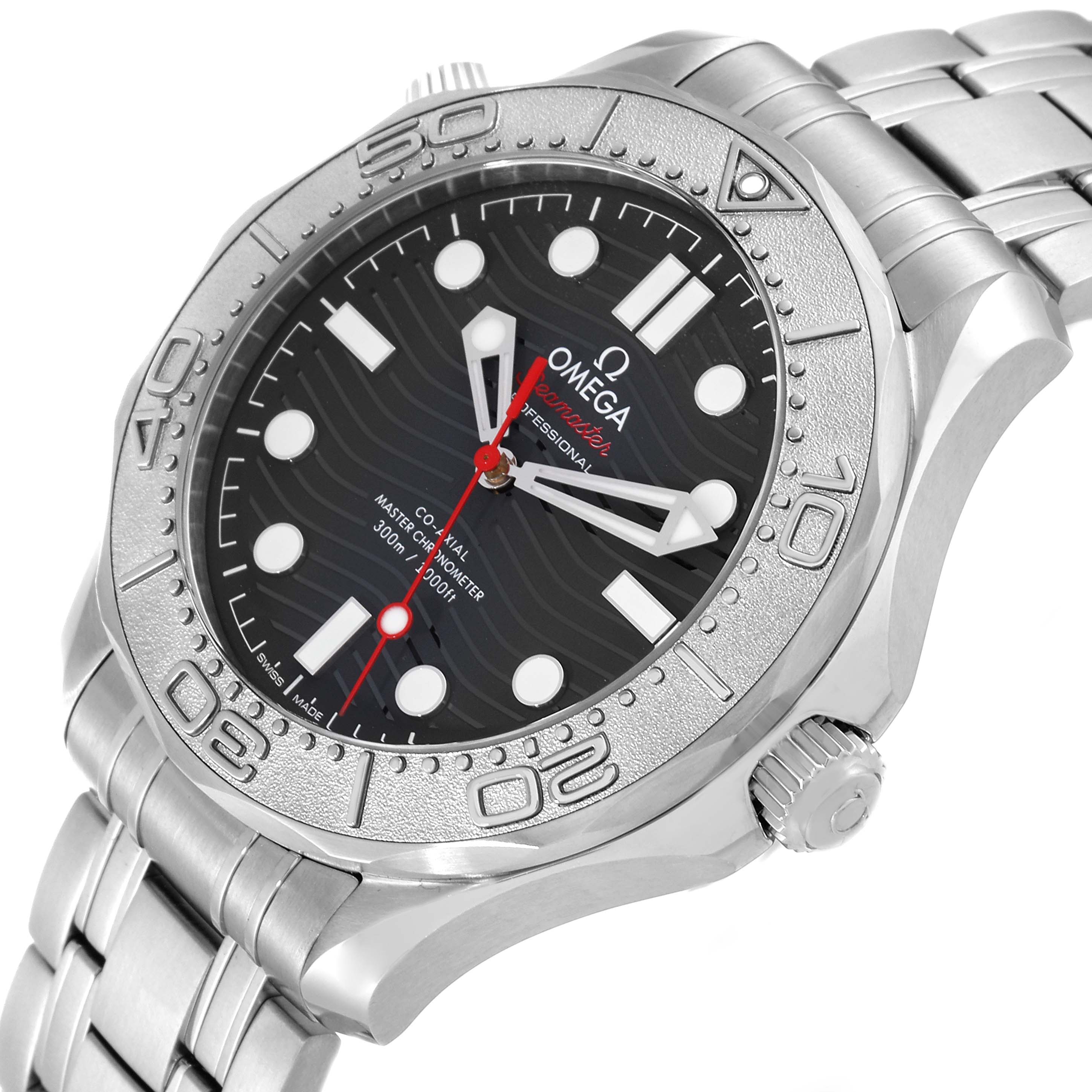 The Omega Seamaster 210.30.42.20.01.002 Men's Stainless Steel Black Dial 210.30.42.20.01.002 Men's Stainless Steel Black Dial watch is shown at a tilted angle, displaying the face, bezel, crown, and part of the bracelet.