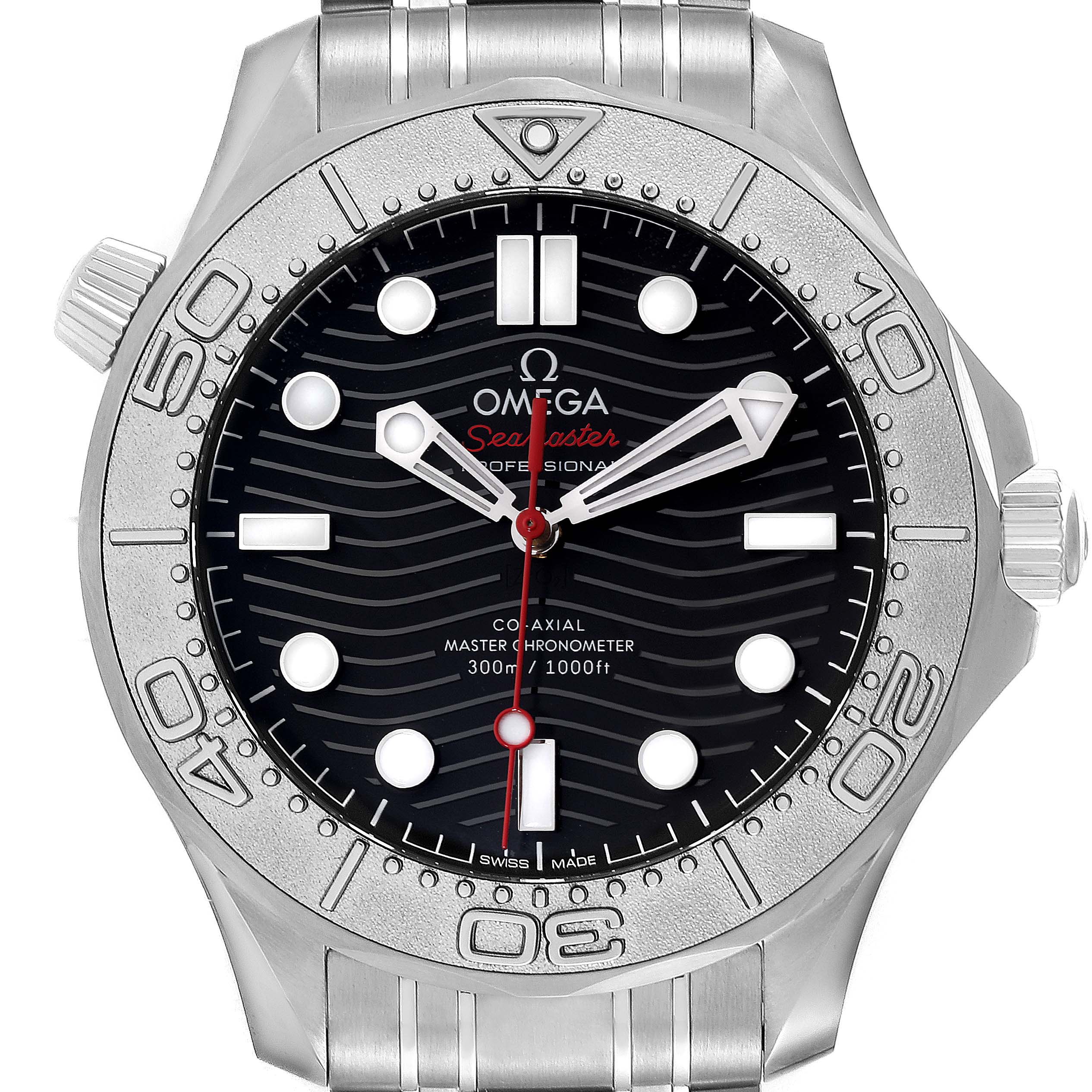This image shows a front view of the Omega Seamaster 210.30.42.20.01.002 Men's Stainless Steel Black Dial 210.30.42.20.01.002 Men's Stainless Steel Black Dial watch, featuring its dial, bezel, and metal bracelet.
