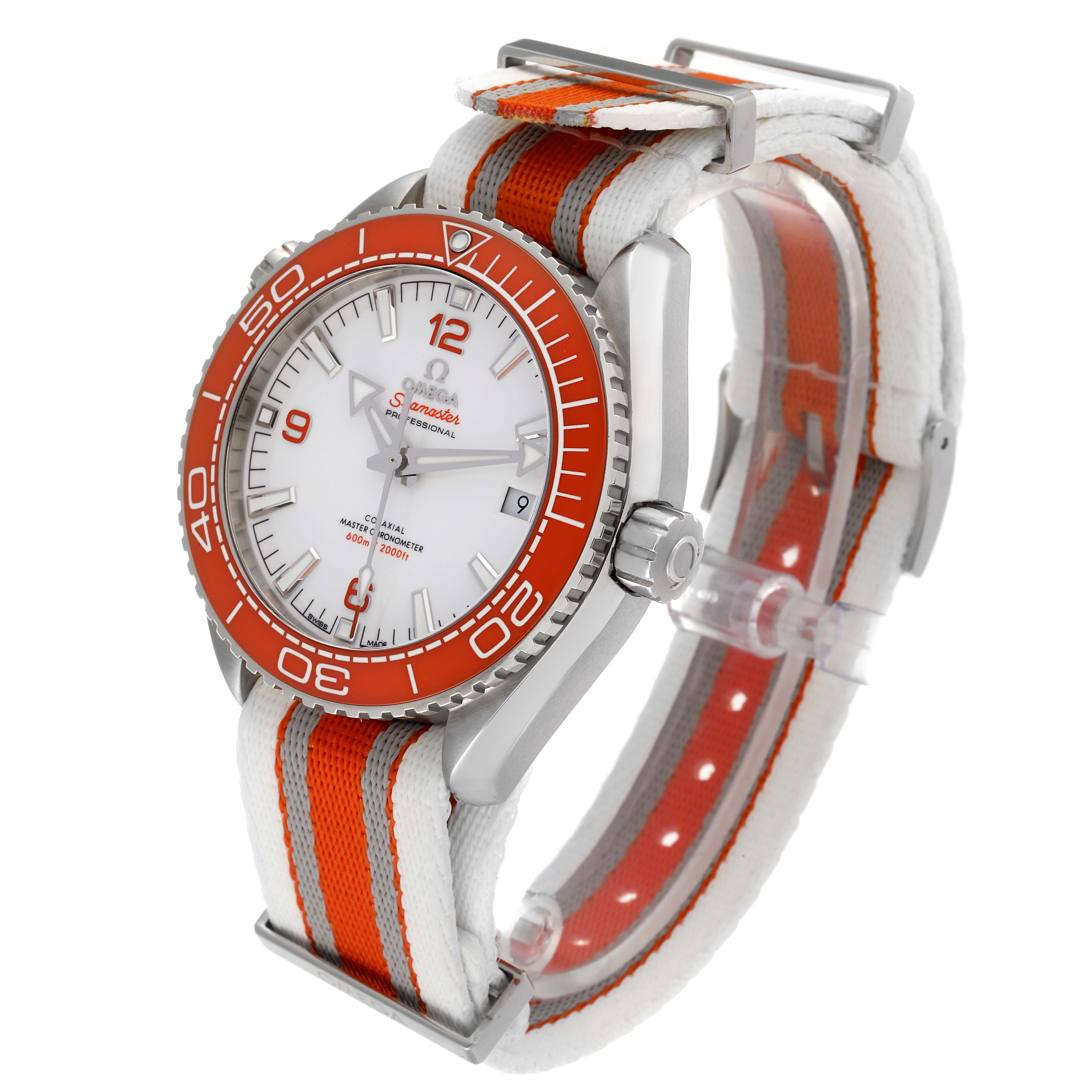 The image shows an Omega Planet Ocean 215.32.44.21.04.001 Men's Stainless Steel White Dial 215.32.44.21.04.001 Men's Stainless Steel White Dial watch from an angled side view, highlighting the face, bezel, crown, and NATO strap.