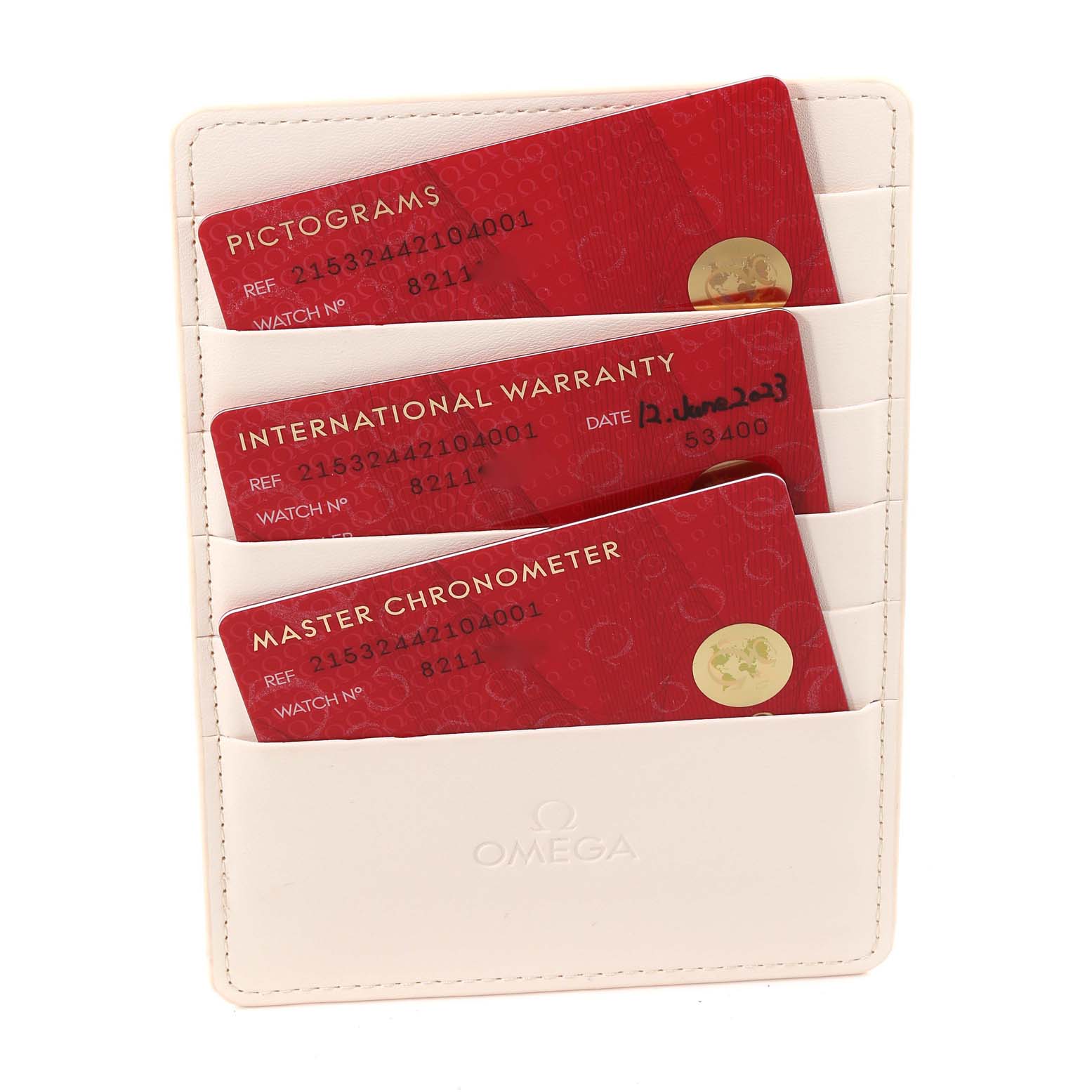 The image shows the Pictograms, International Warranty, and Master Chronometer cards for the Omega Planet Ocean 215.32.44.21.04.001 Men's Stainless Steel White Dial 215.32.44.21.04.001 Men's Stainless Steel White Dial model in a white cardholder.