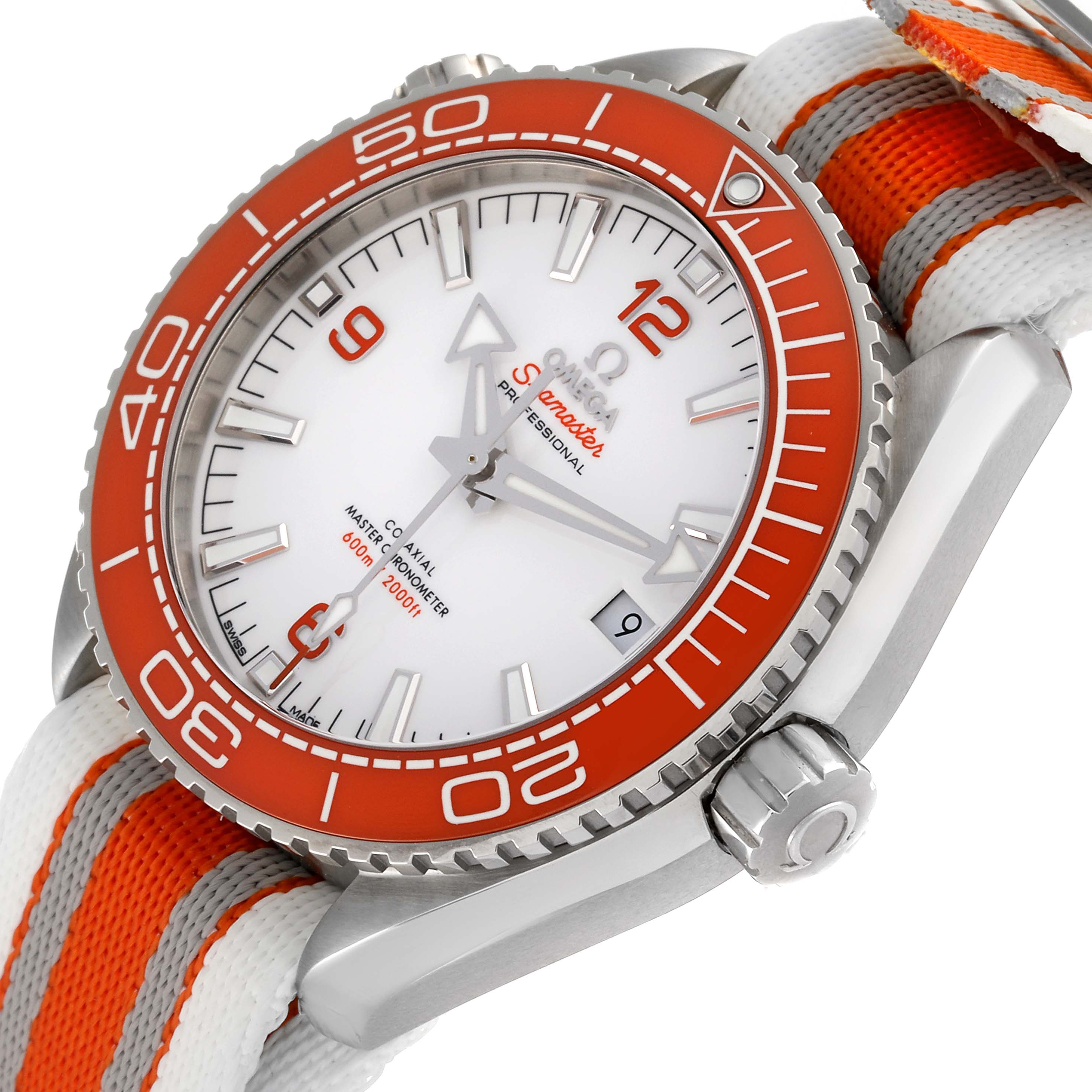 The Omega Planet Ocean 215.32.44.21.04.001 Men's Stainless Steel White Dial 215.32.44.21.04.001 Men's Stainless Steel White Dial watch is shown from a front-left angle highlighting the orange bezel, crown, and strap.