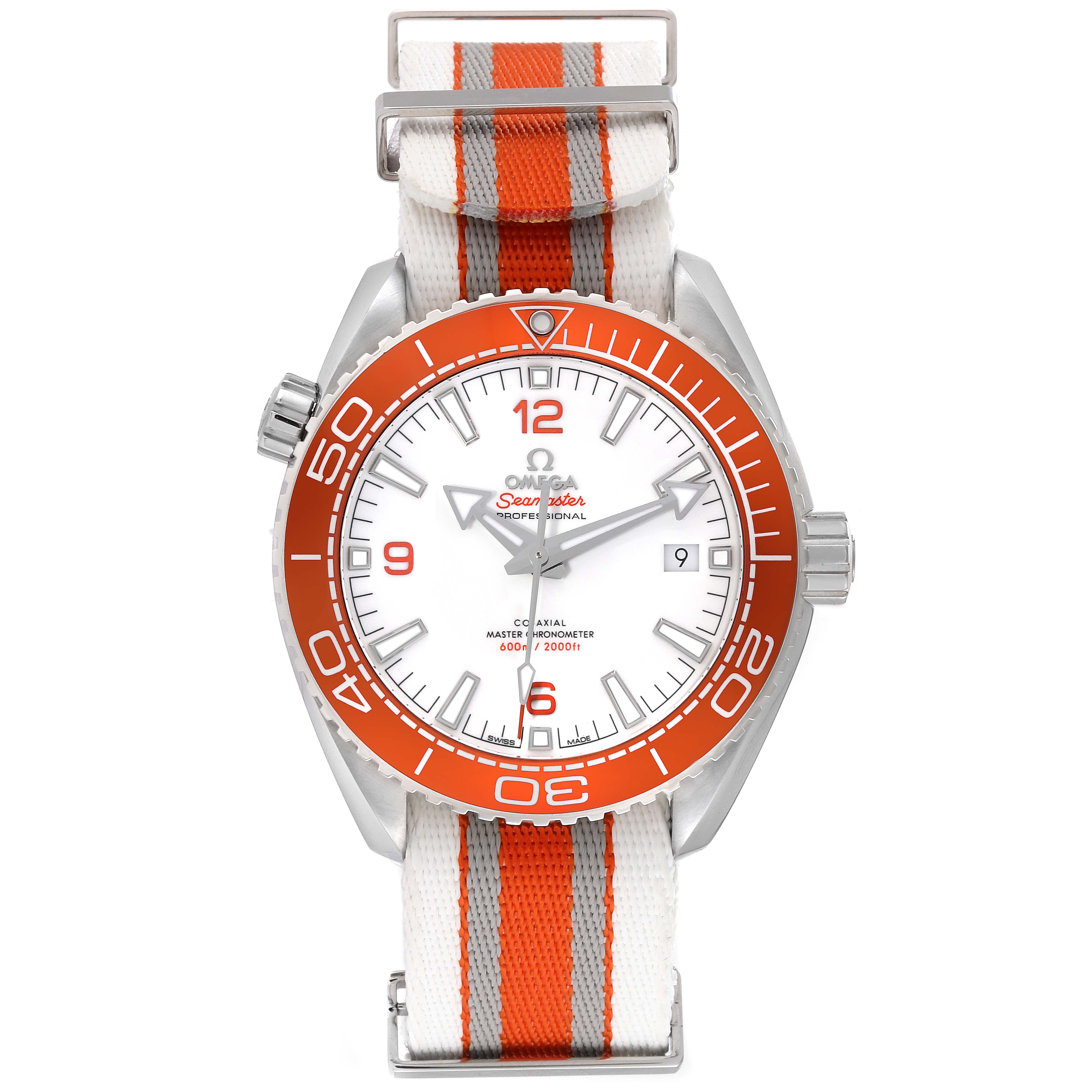 The image shows a front view of the Omega Planet Ocean 215.32.44.21.04.001 Men's Stainless Steel White Dial 215.32.44.21.04.001 Men's Stainless Steel White Dial watch, highlighting its bezel, dial, and striped NATO strap.