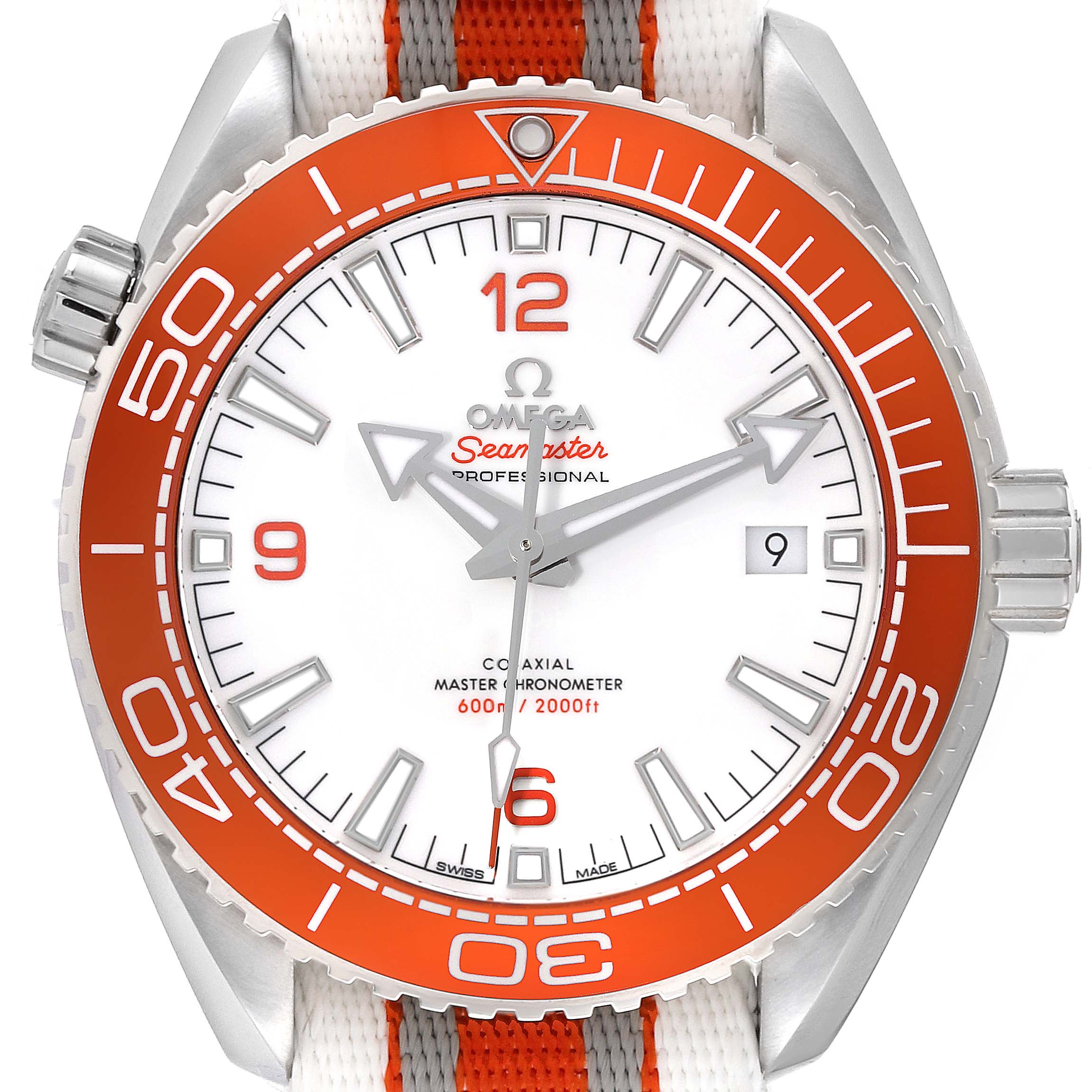 The image shows a frontal view of the Planet Ocean model watch by Omega, highlighting its dial, hands, bezel, and strap.