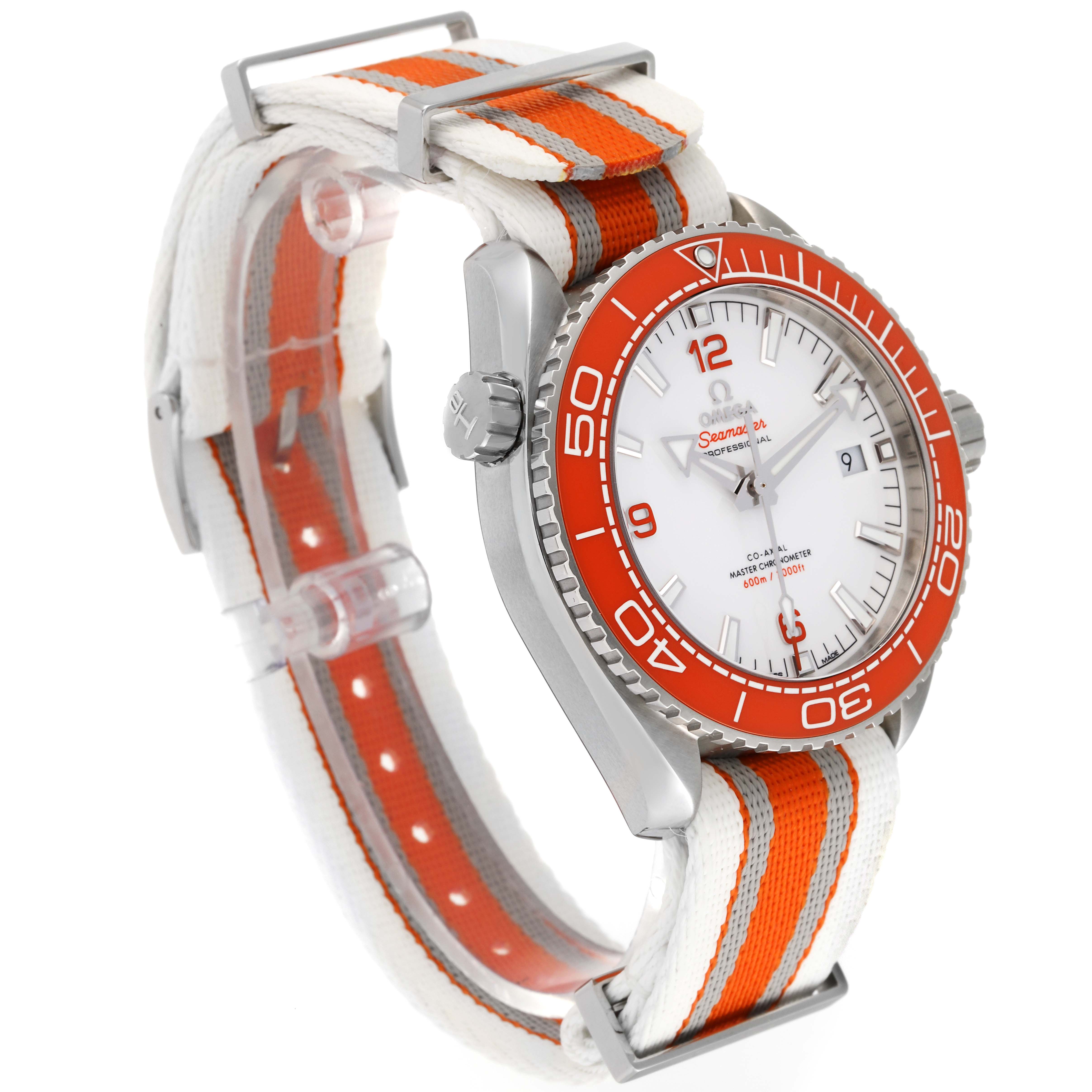 The image shows a side angle of the Omega Planet Ocean 215.32.44.21.04.001 Men's Stainless Steel White Dial 215.32.44.21.04.001 Men's Stainless Steel White Dial watch with an orange and white strap and orange bezel.