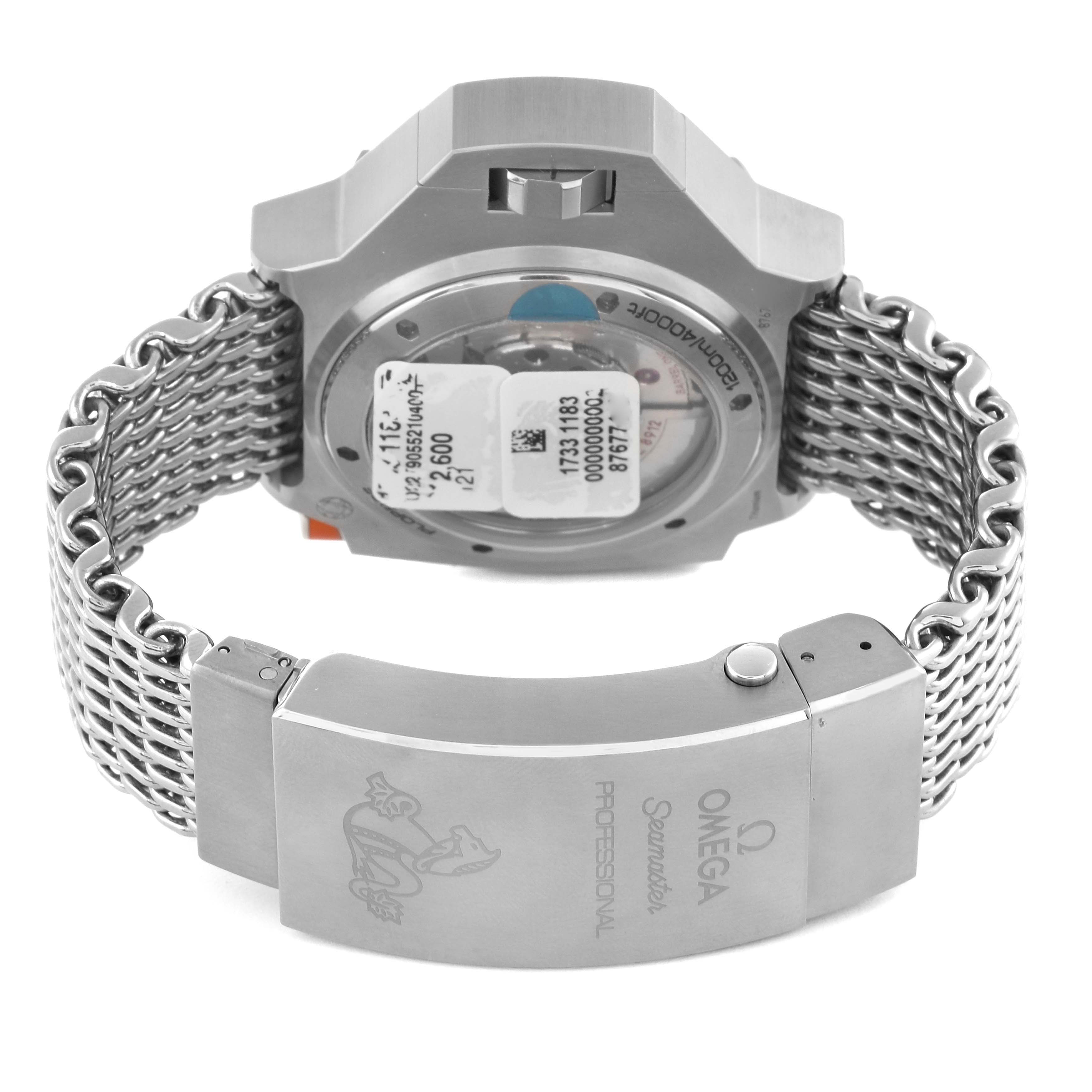 The image shows the backside of an Omega Ploprof 227.90.55.21.04.001 Men's Titanium White Dial 227.90.55.21.04.001 Men's Titanium White Dial watch, highlighting the case back, bracelet, and clasp.