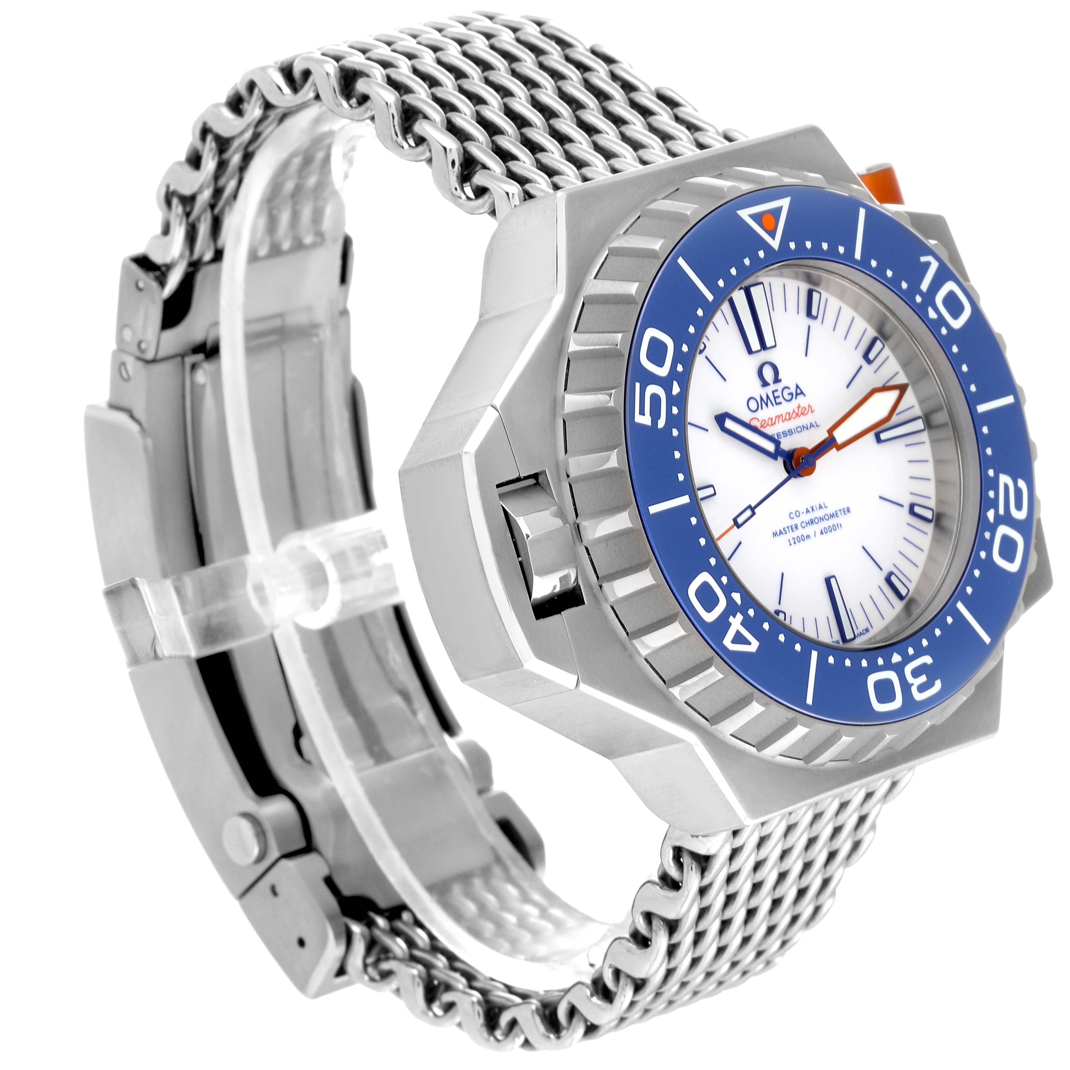 The image shows the Omega Ploprof 227.90.55.21.04.001 Men's Titanium White Dial 227.90.55.21.04.001 Men's Titanium White Dial watch at an angled side view, depicting its bezel, dial, and metal mesh bracelet.