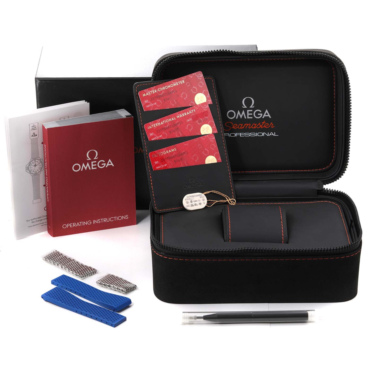 The image displays an Omega Ploprof 227.90.55.21.04.001 Men's Titanium White Dial 227.90.55.21.04.001 Men's Titanium White Dial kit with cards, manuals, extra straps, a travel case, and tools.