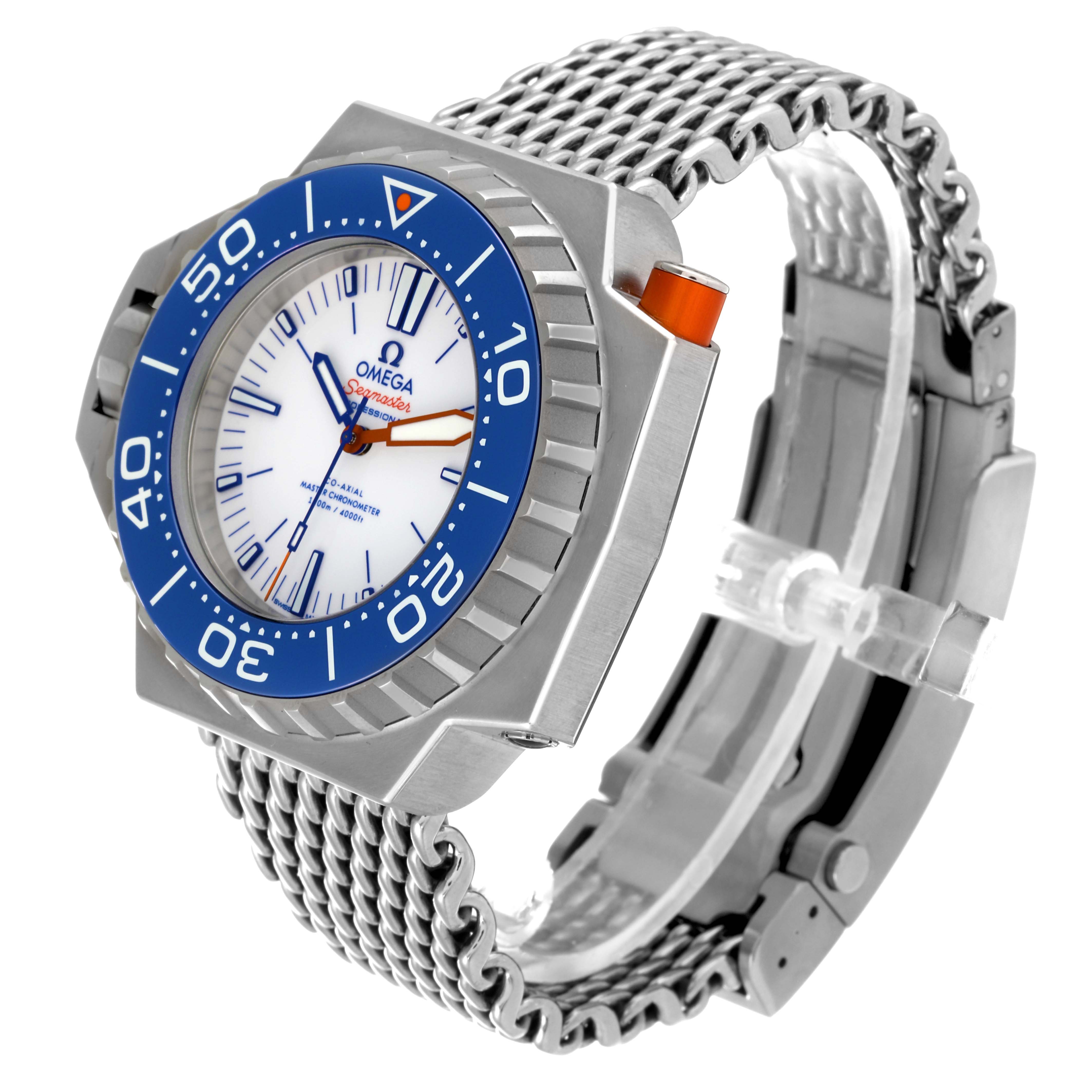 The image features an Omega Ploprof 227.90.55.21.04.001 Men's Titanium White Dial 227.90.55.21.04.001 Men's Titanium White Dial watch at an angle showcasing the face, bezel, and stainless steel mesh bracelet.