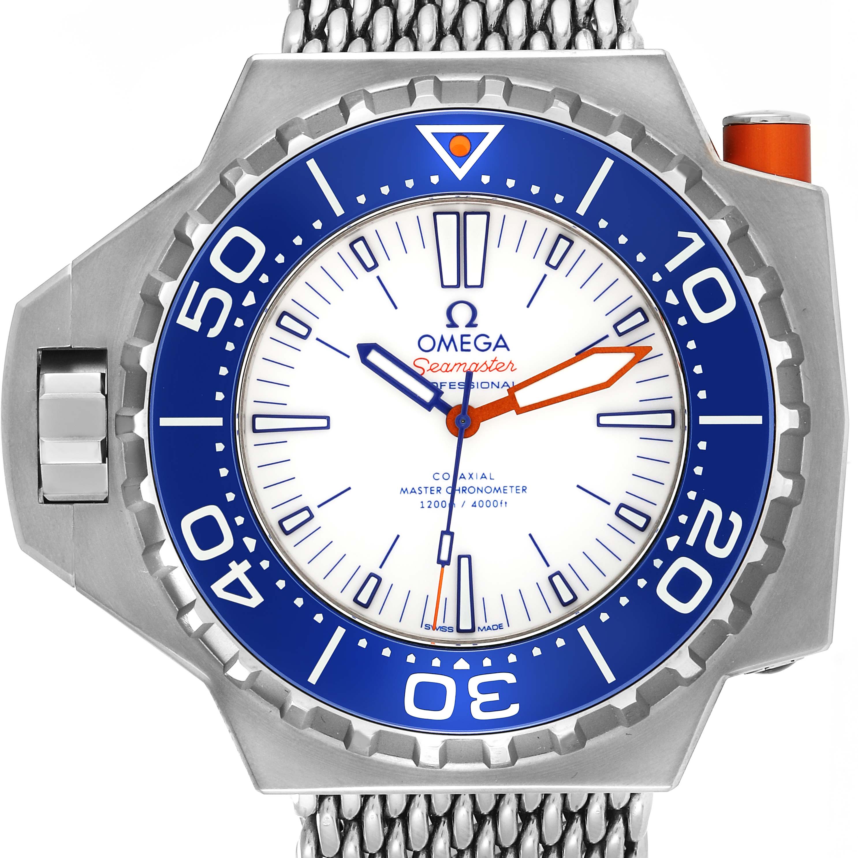 The image shows a front view of the Omega Seamaster Ploprof watch, highlighting its dial, bezel, and part of its bracelet.