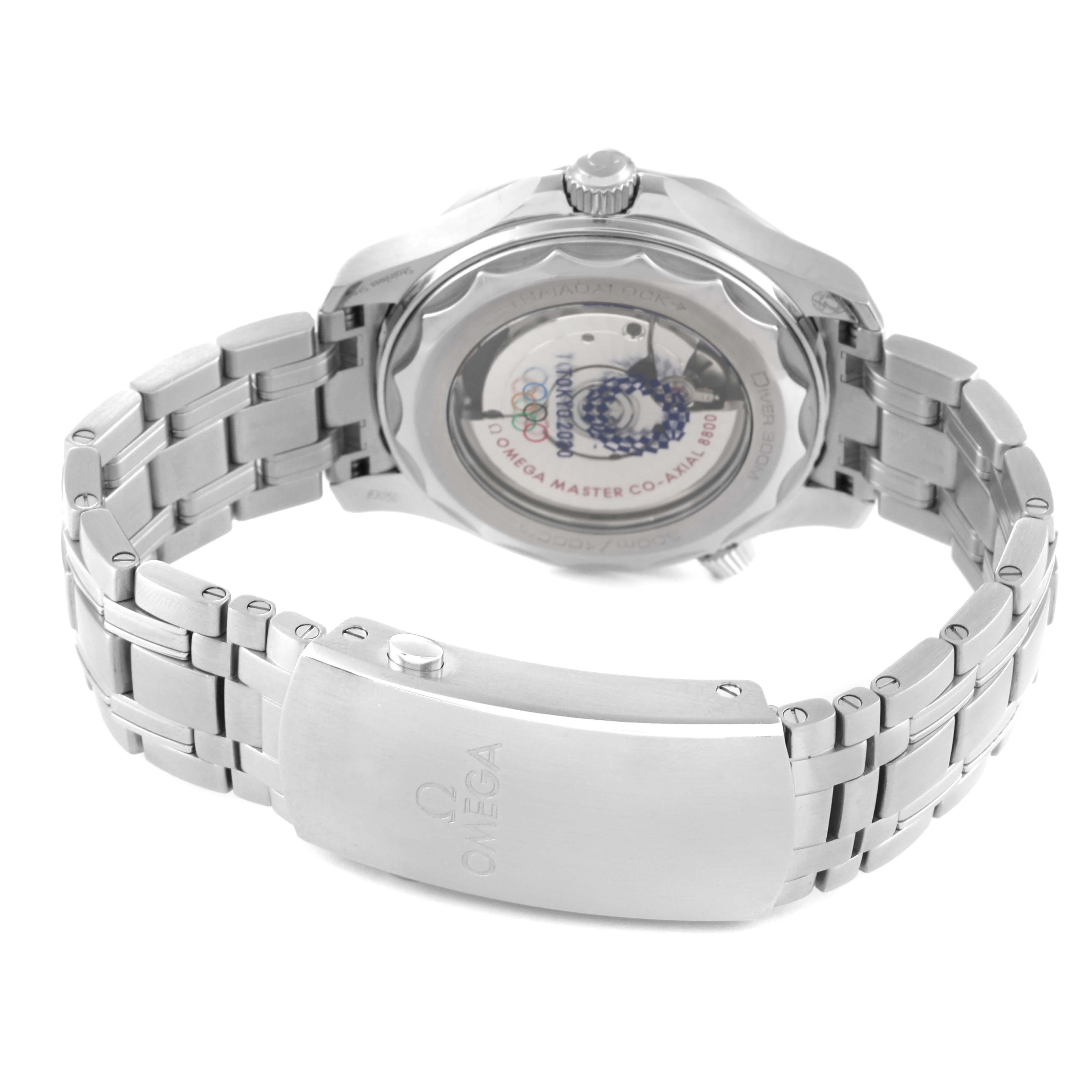 The image shows the back view of an Omega Seamaster 522.30.42.20.04.001 Men's Stainless Steel White Dial 522.30.42.20.04.001 Men's Stainless Steel White Dial watch, highlighting its case back, bracelet, and clasp.