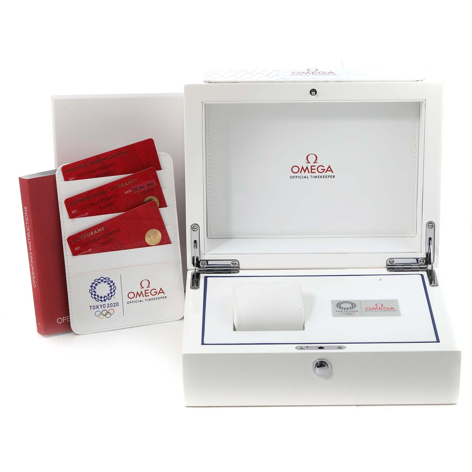 The image shows the open box of an Omega Seamaster 522.30.42.20.04.001 Men's Stainless Steel White Dial 522.30.42.20.04.001 Men's Stainless Steel White Dial watch along with its papers and warranty cards.