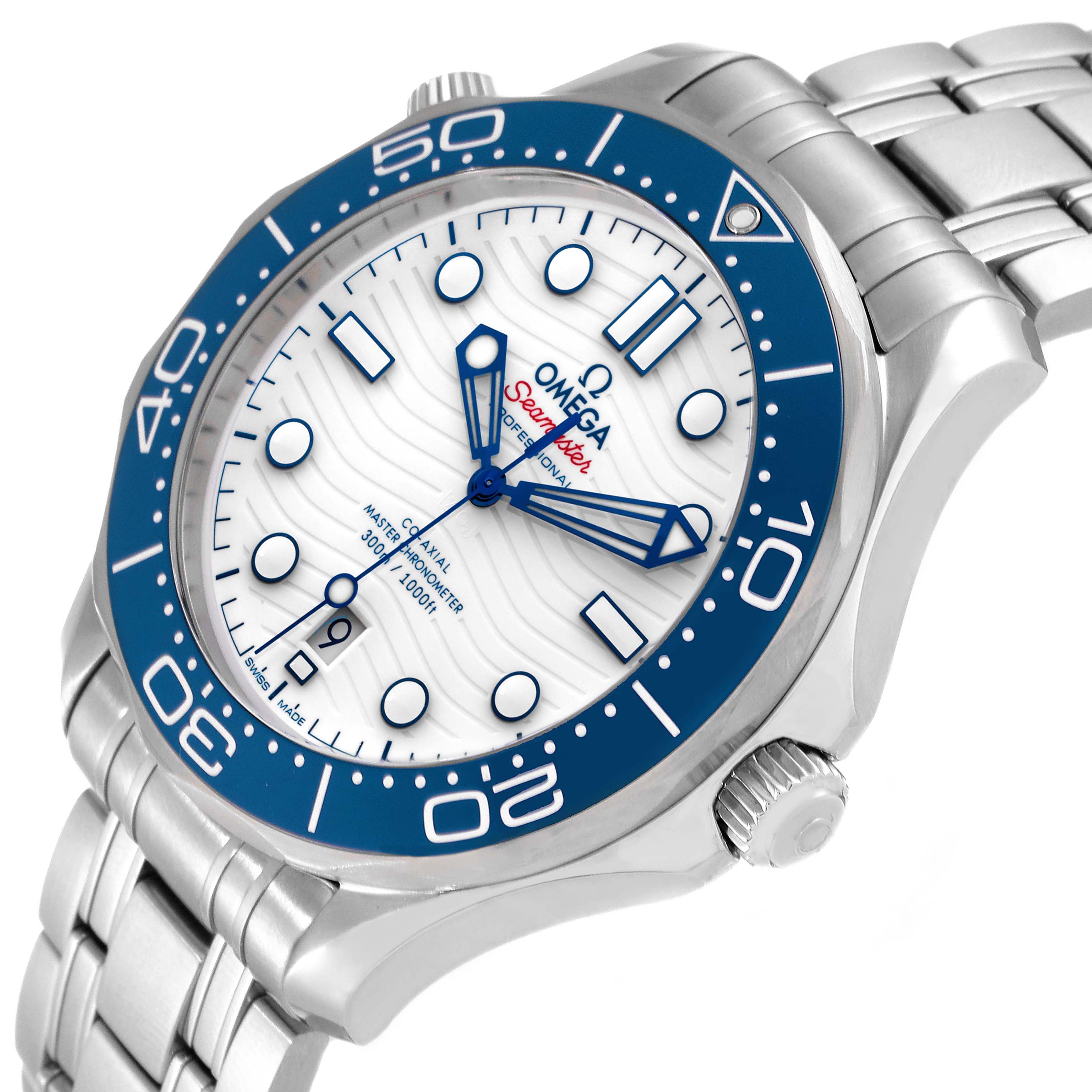 The image shows an Omega Seamaster 522.30.42.20.04.001 Men's Stainless Steel White Dial 522.30.42.20.04.001 Men's Stainless Steel White Dial watch angled to highlight the face, bezel, and part of the bracelet.