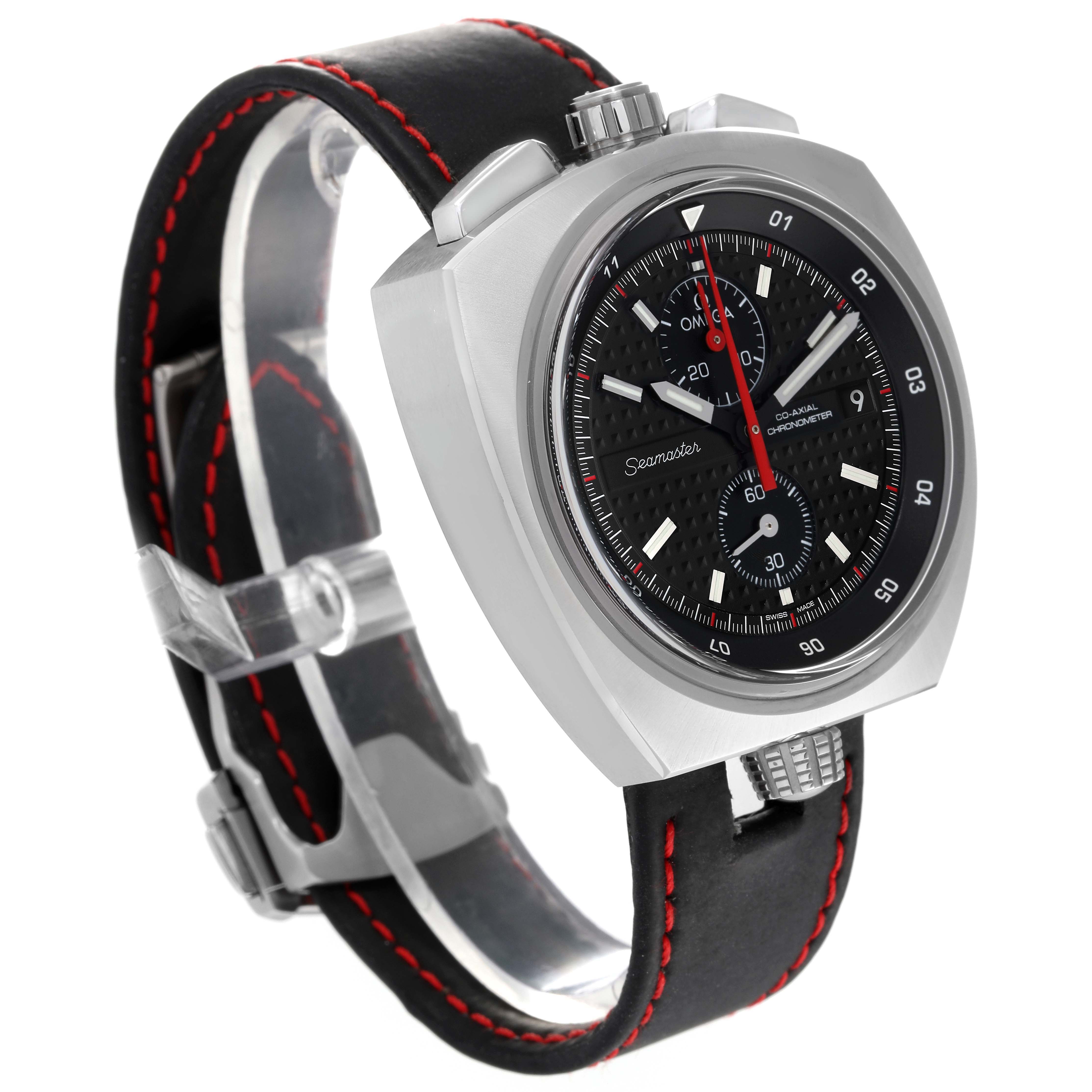 The image shows an Omega Seamaster 225.12.43.50.01.001 Men's Stainless Steel Black Dial 225.12.43.50.01.001 Men's Stainless Steel Black Dial watch with a black leather strap, red stitching, and a prominent black dial with chronograph features.