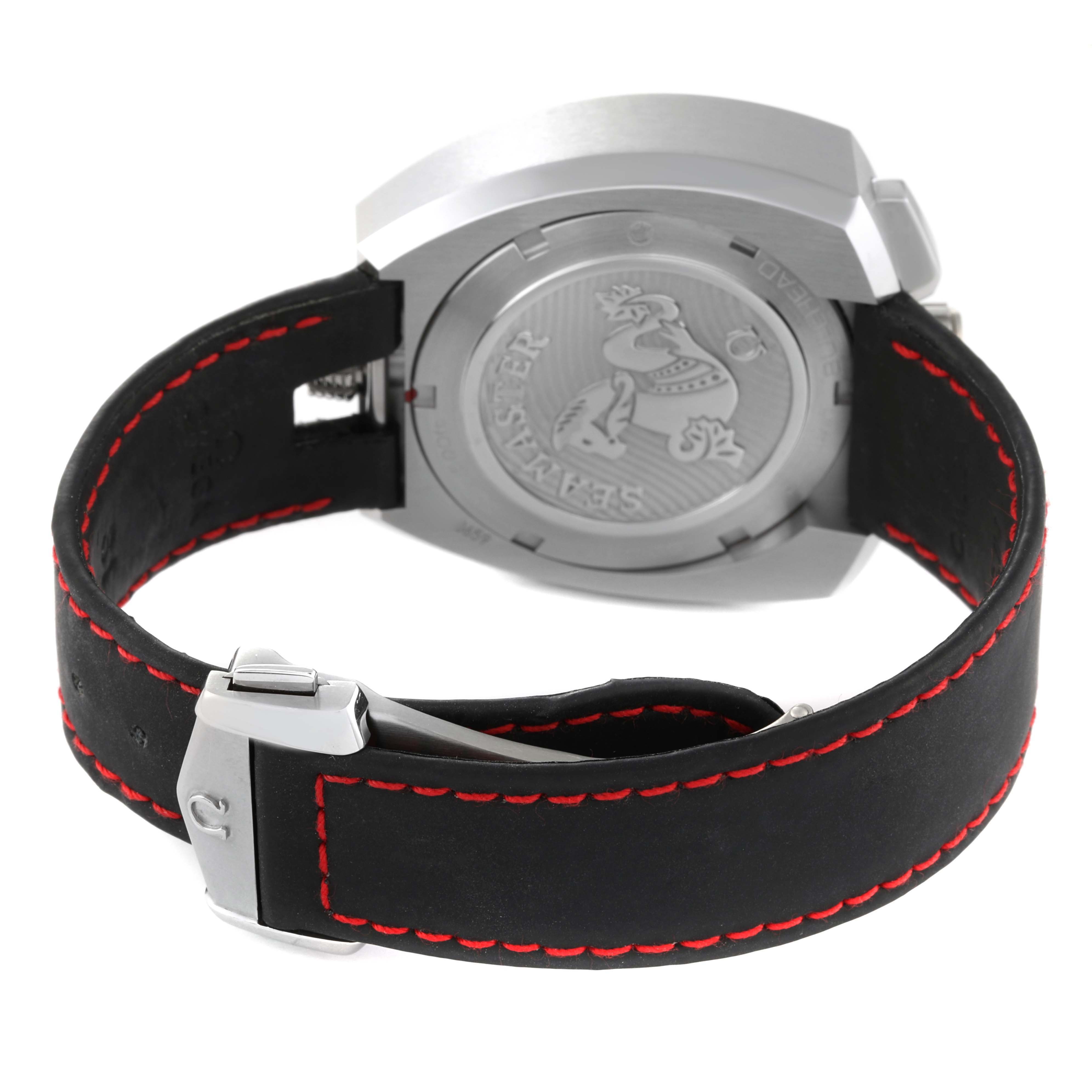 This image shows the back view of an Omega Seamaster 225.12.43.50.01.001 Men's Stainless Steel Black Dial 225.12.43.50.01.001 Men's Stainless Steel Black Dial watch with its case back and black strap with red stitching.