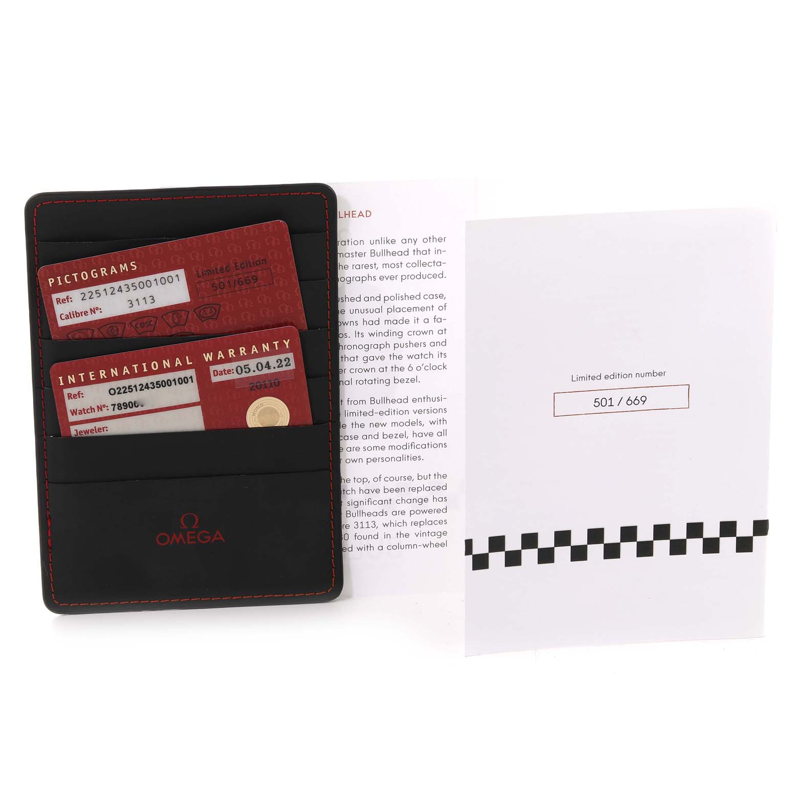 The image shows the Omega Seamaster 225.12.43.50.01.001 Men's Stainless Steel Black Dial 225.12.43.50.01.001 Men's Stainless Steel Black Dial watch cards, including a pictogram card and an international warranty card, in a black cardholder.