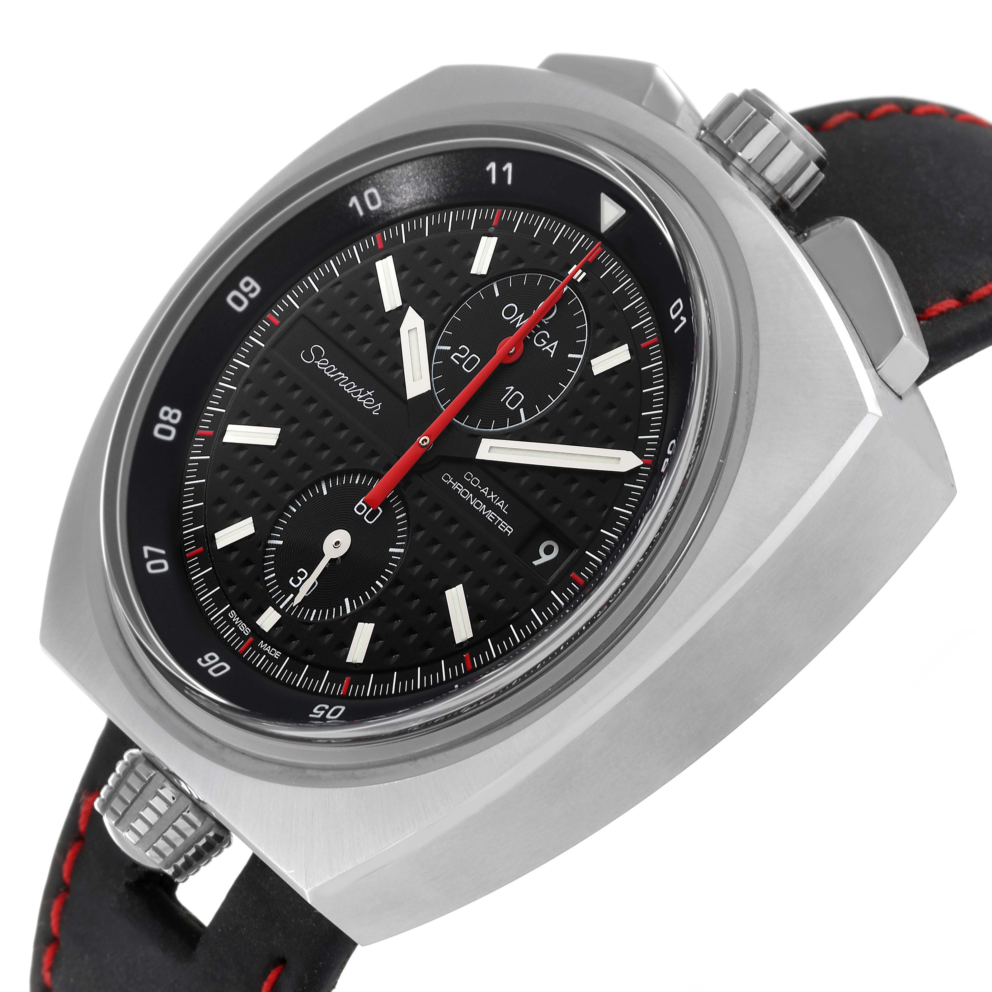 The image shows an angled view of an Omega Seamaster 225.12.43.50.01.001 Men's Stainless Steel Black Dial 225.12.43.50.01.001 Men's Stainless Steel Black Dial watch, highlighting its face, dial, crown, and strap.