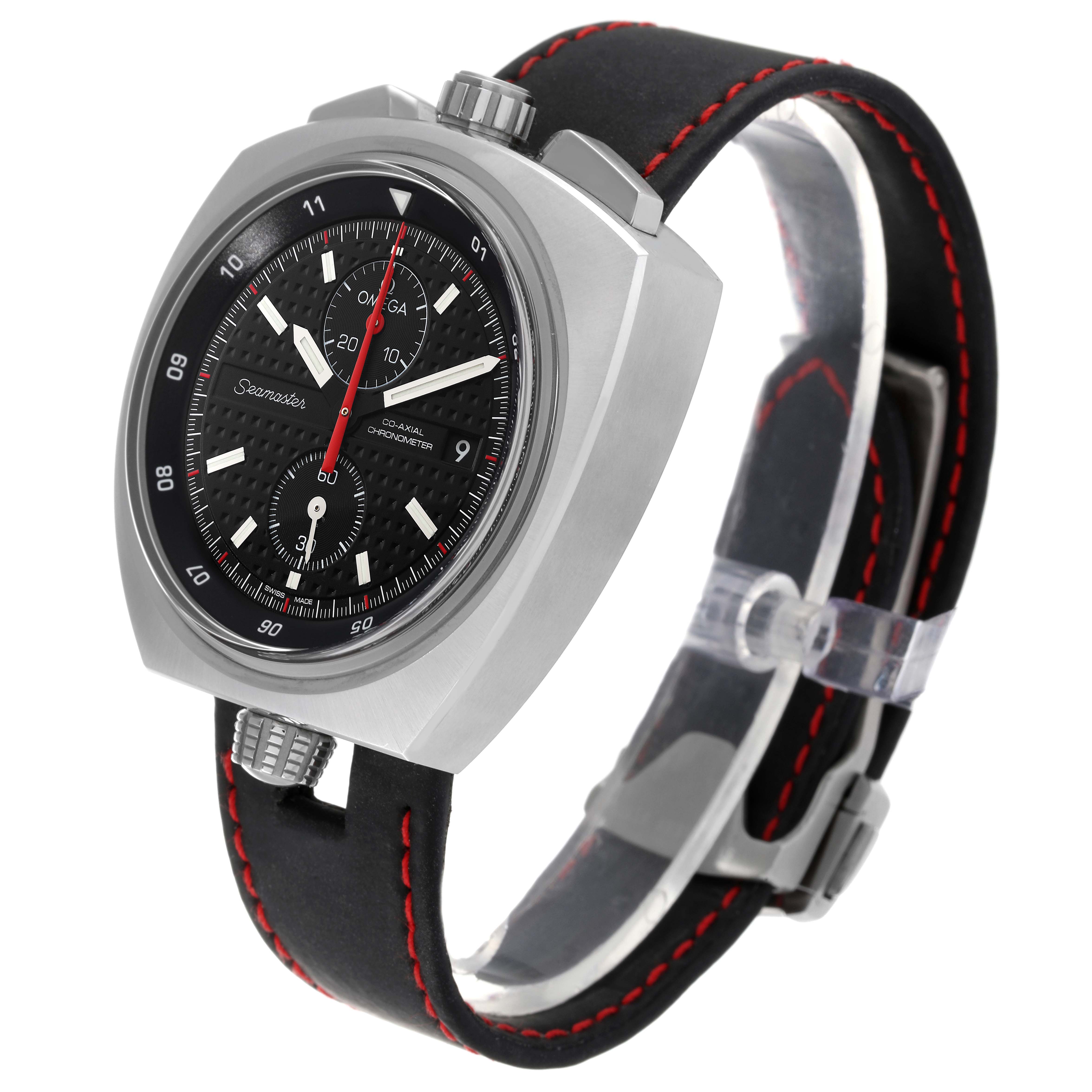 The image shows a side-angle view of the Omega Seamaster 225.12.43.50.01.001 Men's Stainless Steel Black Dial 225.12.43.50.01.001 Men's Stainless Steel Black Dial watch, highlighting the dial, case, and strap with red stitching.