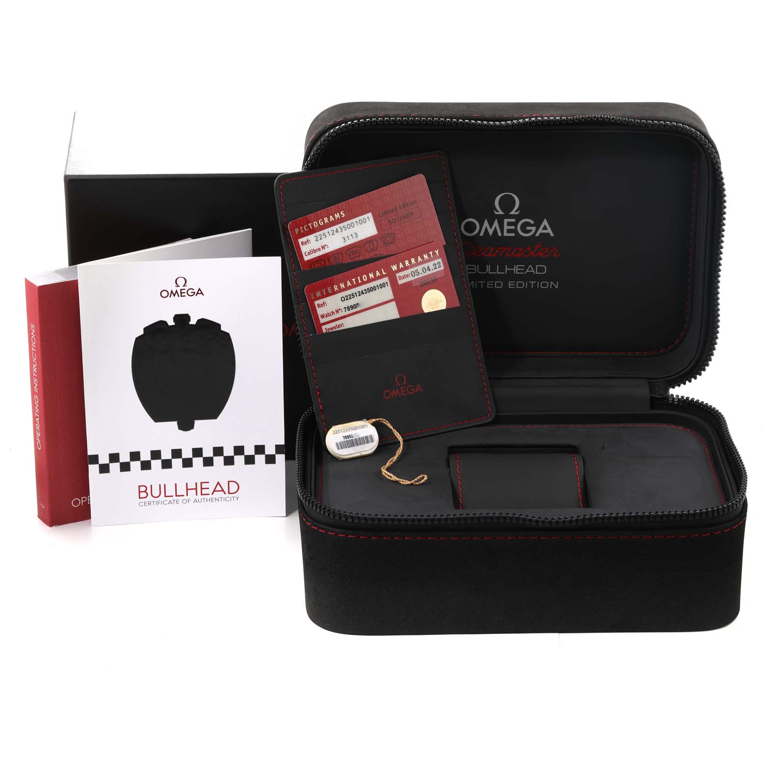 The image shows the accessories for an Omega Seamaster 225.12.43.50.01.001 Men's Stainless Steel Black Dial 225.12.43.50.01.001 Men's Stainless Steel Black Dial Bullhead, including the box, warranty cards, manual, and certificate of authenticity.