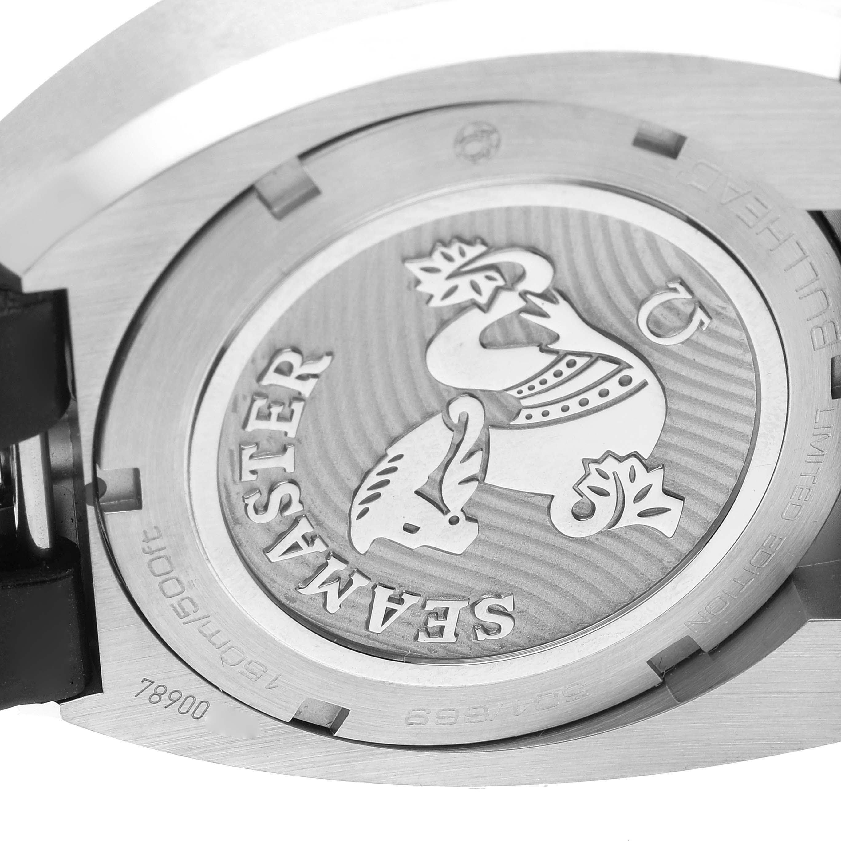 The image shows the case back of an Omega Seamaster 225.12.43.50.01.001 Men's Stainless Steel Black Dial 225.12.43.50.01.001 Men's Stainless Steel Black Dial watch, featuring its engraved emblem and limited edition number.