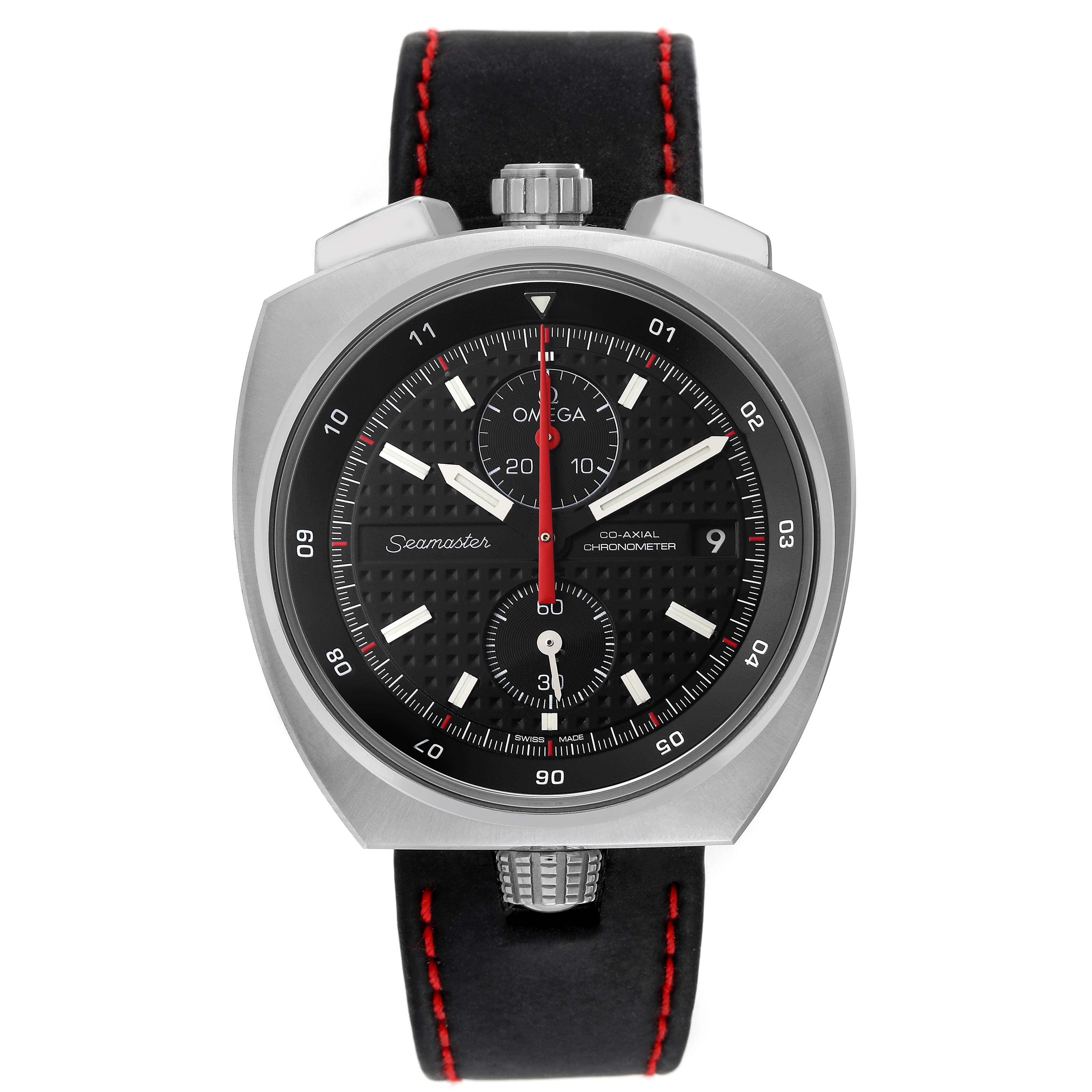 The image shows a front view of an Omega Seamaster 225.12.43.50.01.001 Men's Stainless Steel Black Dial 225.12.43.50.01.001 Men's Stainless Steel Black Dial watch, highlighting its dial, bezel, crown, and strap.