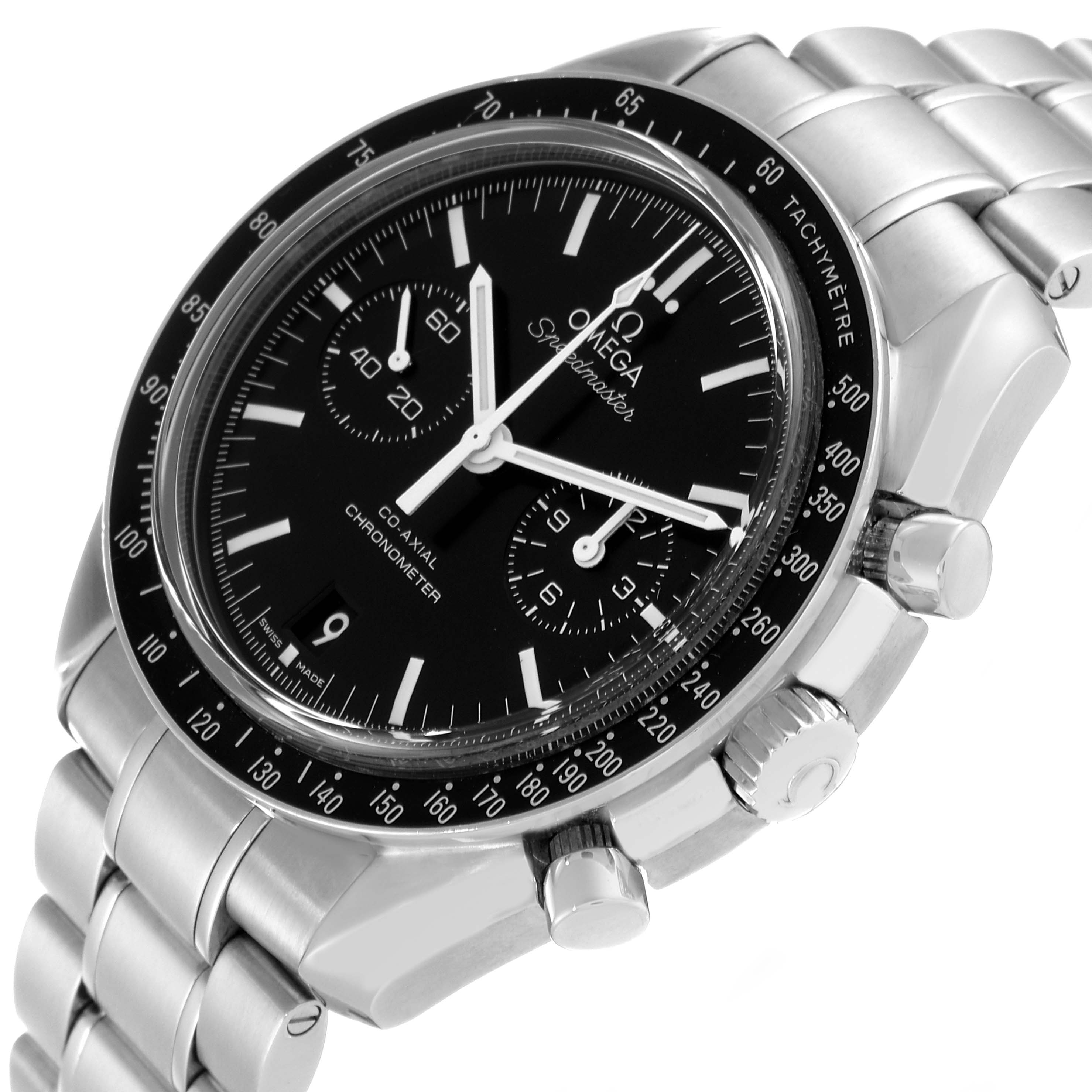 The Omega Speedmaster 311.30.44.51.01.002 Men
s Stainless Steel Black Dial 311.30.44.51.01.002 Men
s Stainless Steel Black Dial watch is shown at an oblique angle, highlighting the face, bezel, and part of the metal bracelet.
