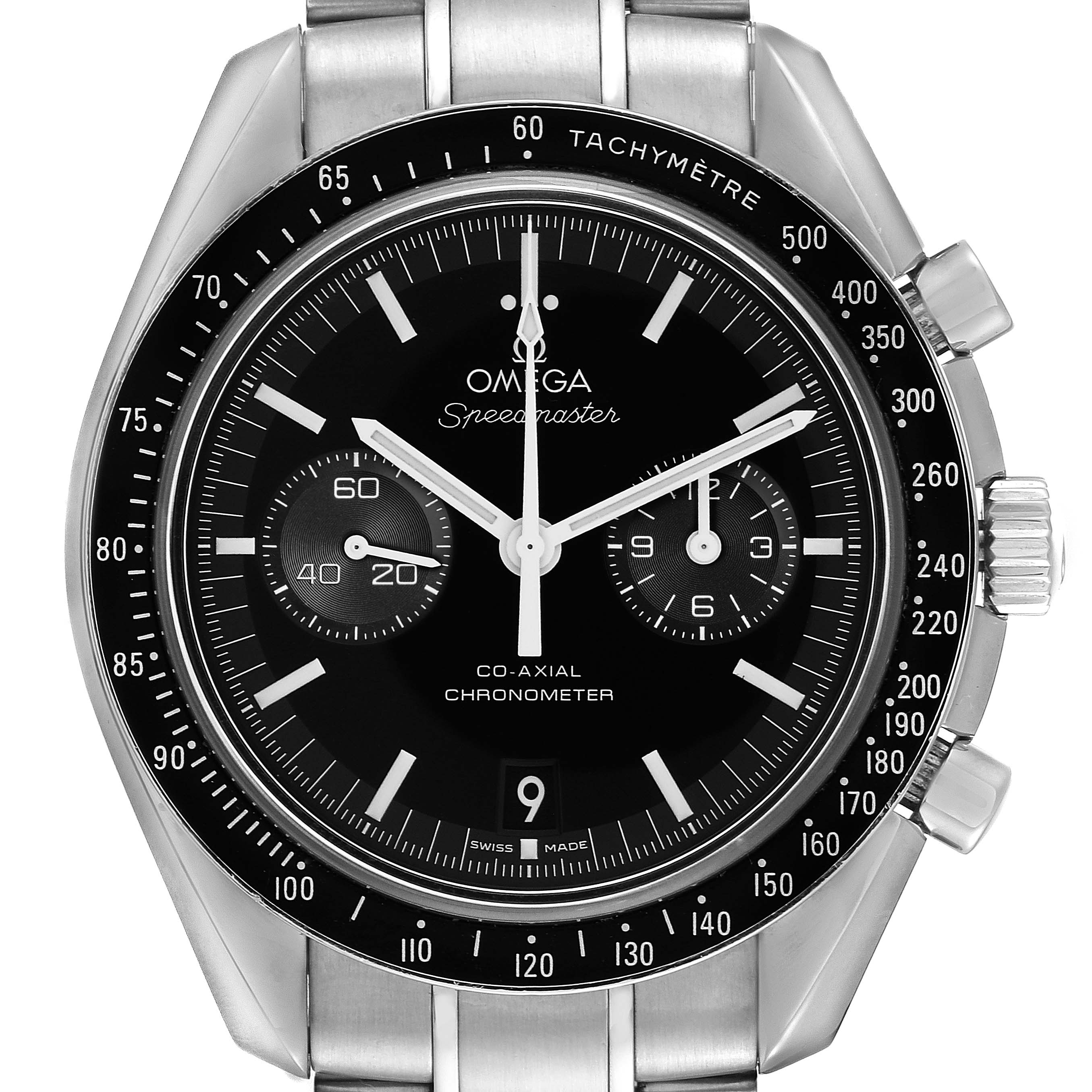 The Omega Speedmaster 311.30.44.51.01.002 Men
s Stainless Steel Black Dial 311.30.44.51.01.002 Men
s Stainless Steel Black Dial watch is shown from a front angle, displaying the face, bezel, and part of the bracelet.