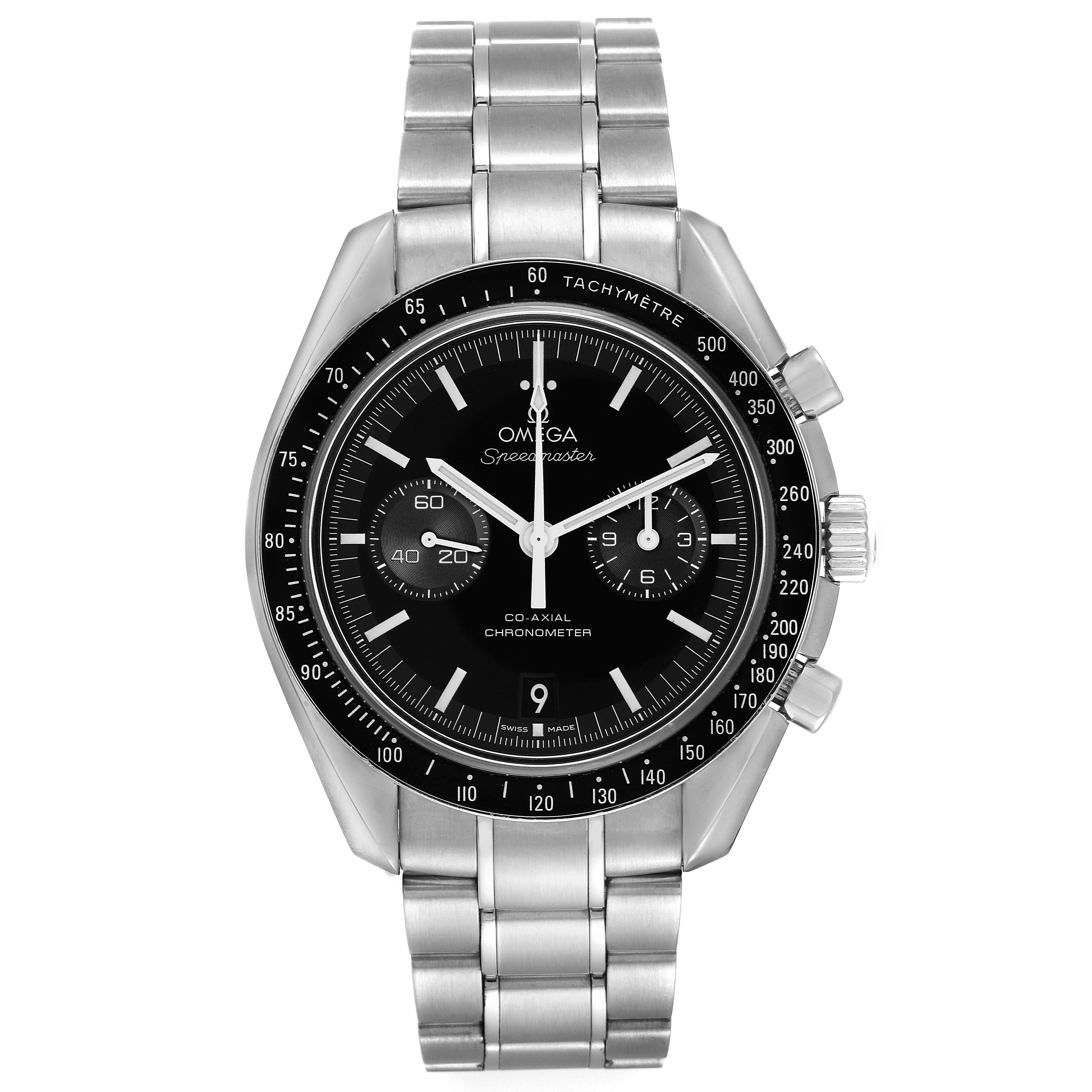The image shows a frontal view of an Omega Speedmaster 311.30.44.51.01.002 Men
s Stainless Steel Black Dial 311.30.44.51.01.002 Men
s Stainless Steel Black Dial watch, displaying its face, tachymeter bezel, and metal bracelet.
