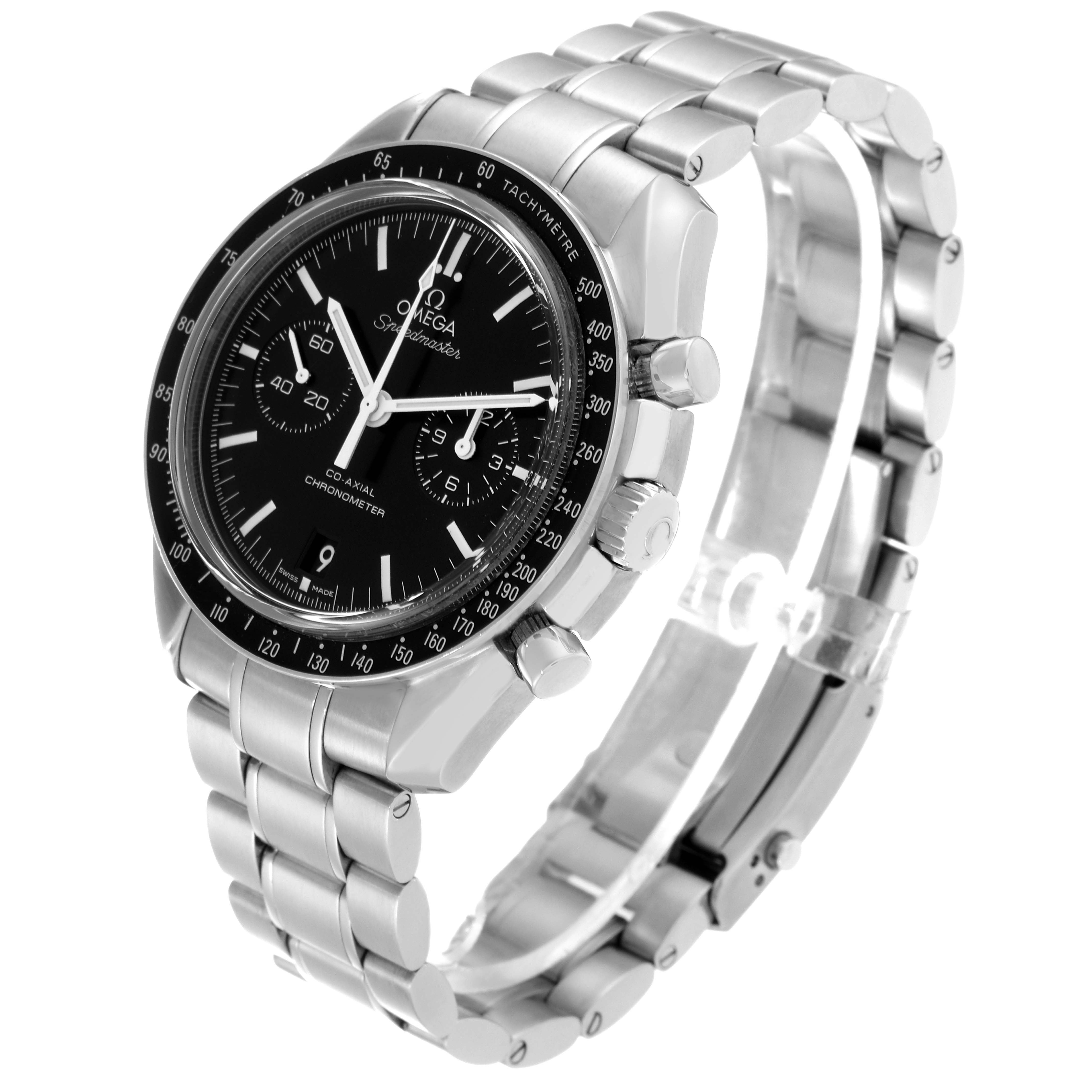 The image shows a side-angle view of the Omega Speedmaster 311.30.44.51.01.002 Men
s Stainless Steel Black Dial 311.30.44.51.01.002 Men
s Stainless Steel Black Dial, featuring its stainless steel case, bracelet, and black dial.