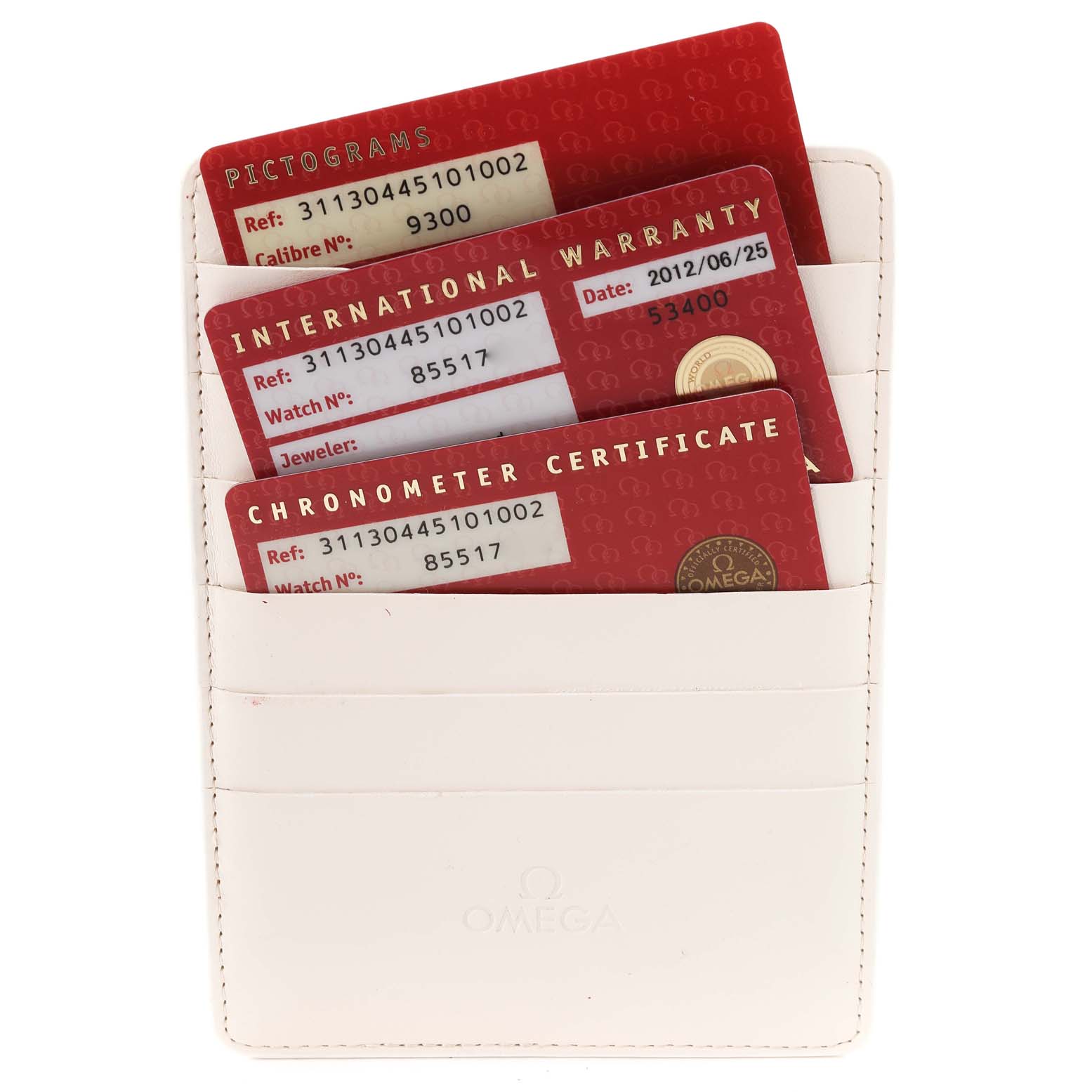 This image shows the warranty, pictograms, and chronometer certificate cards for an Omega Speedmaster 311.30.44.51.01.002 Men
s Stainless Steel Black Dial 311.30.44.51.01.002 Men
s Stainless Steel Black Dial watch, displayed in a white cardholder.