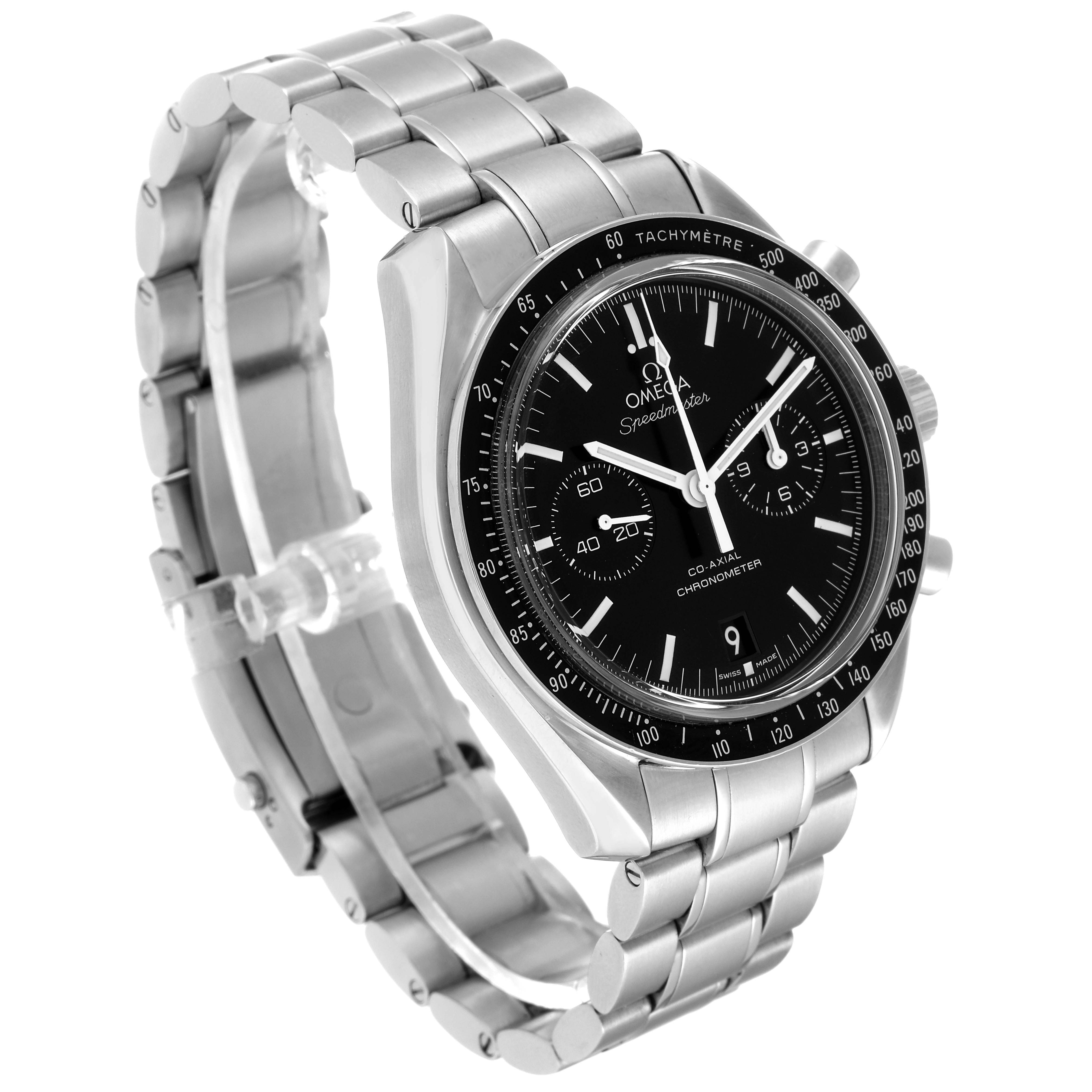 This image shows an Omega Speedmaster 311.30.44.51.01.002 Men
s Stainless Steel Black Dial 311.30.44.51.01.002 Men
s Stainless Steel Black Dial watch from a 3/4 angle, featuring its stainless steel band, bezel, and black dial.