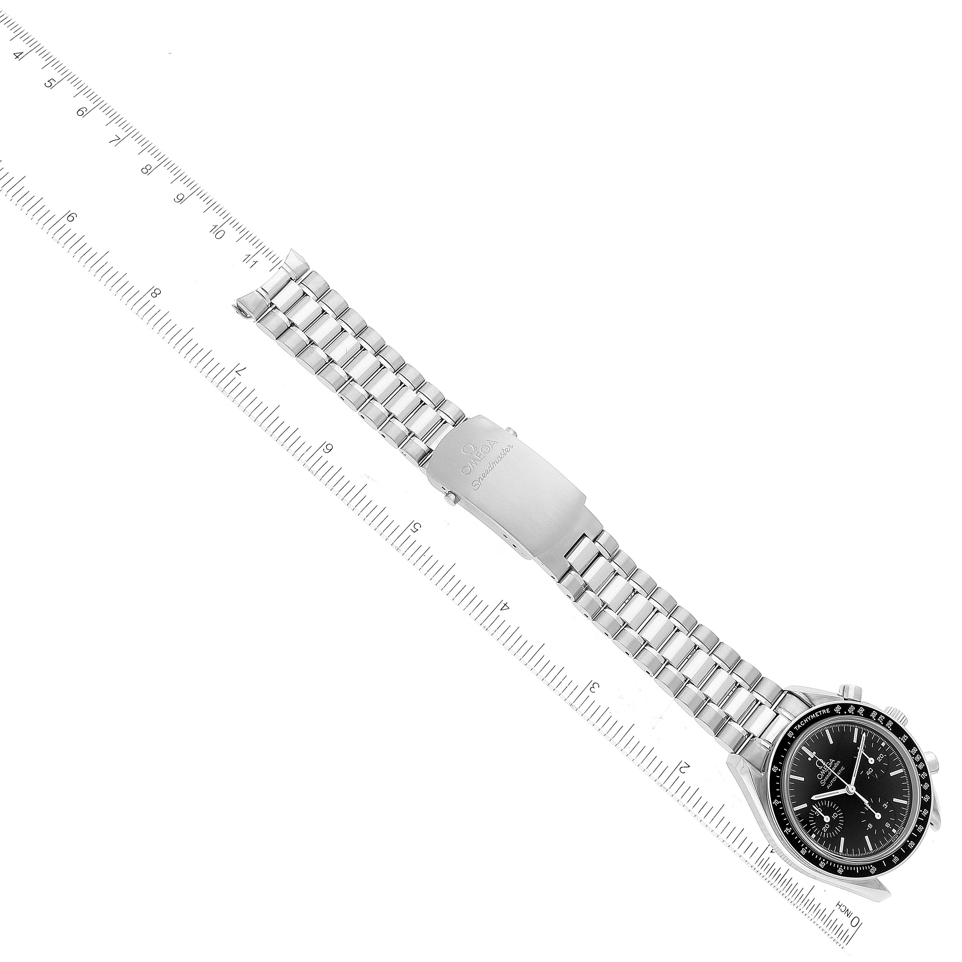 The image shows a top-down view of the Omega Speedmaster 3539.50.00 Men's Stainless Steel Black Dial 3539.50.00 Men's Stainless Steel Black Dial watch including its face, bezel, case, and metal bracelet.