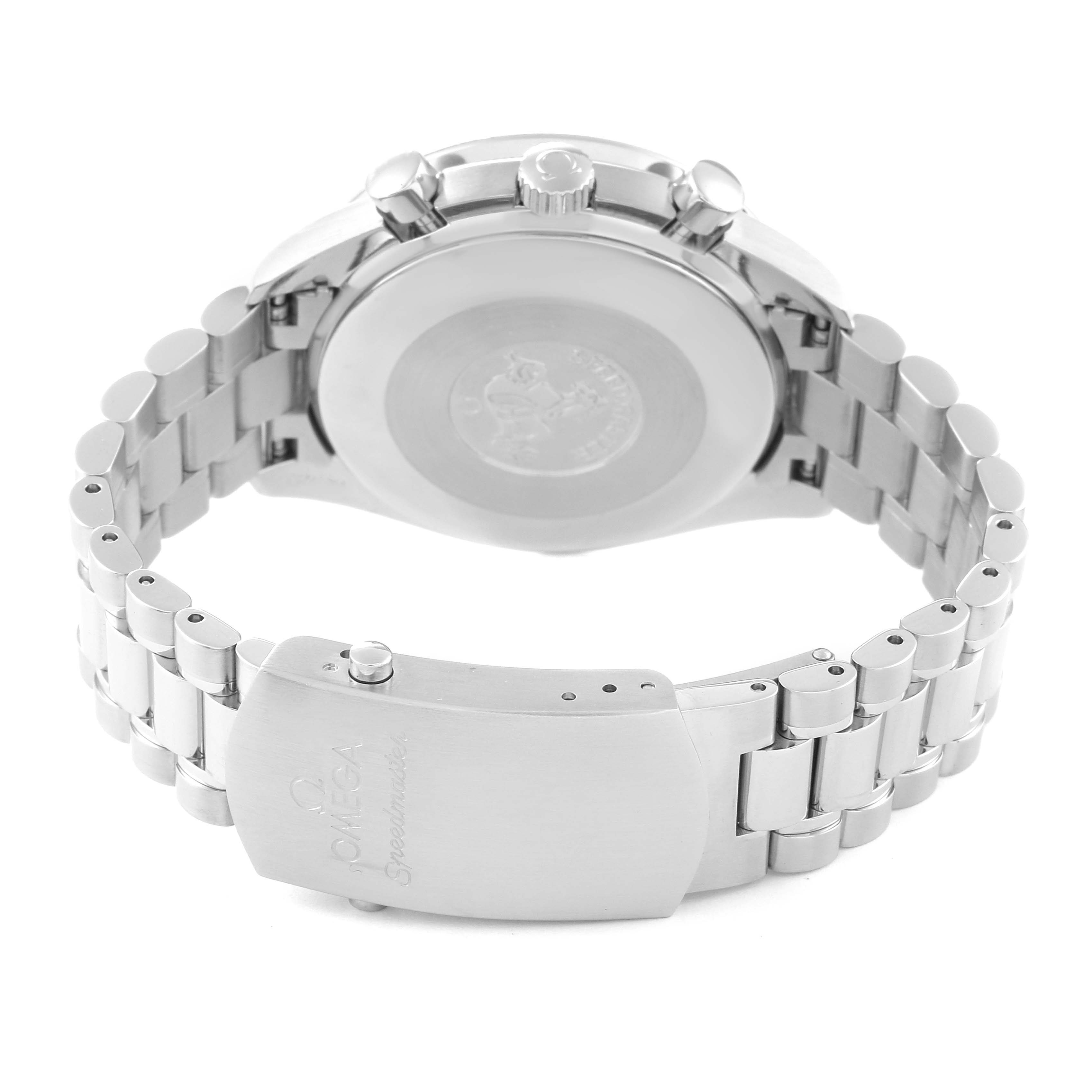 The image shows the back of an Omega Speedmaster 3539.50.00 Men's Stainless Steel Black Dial 3539.50.00 Men's Stainless Steel Black Dial watch, highlighting its clasp, bracelet, and caseback.