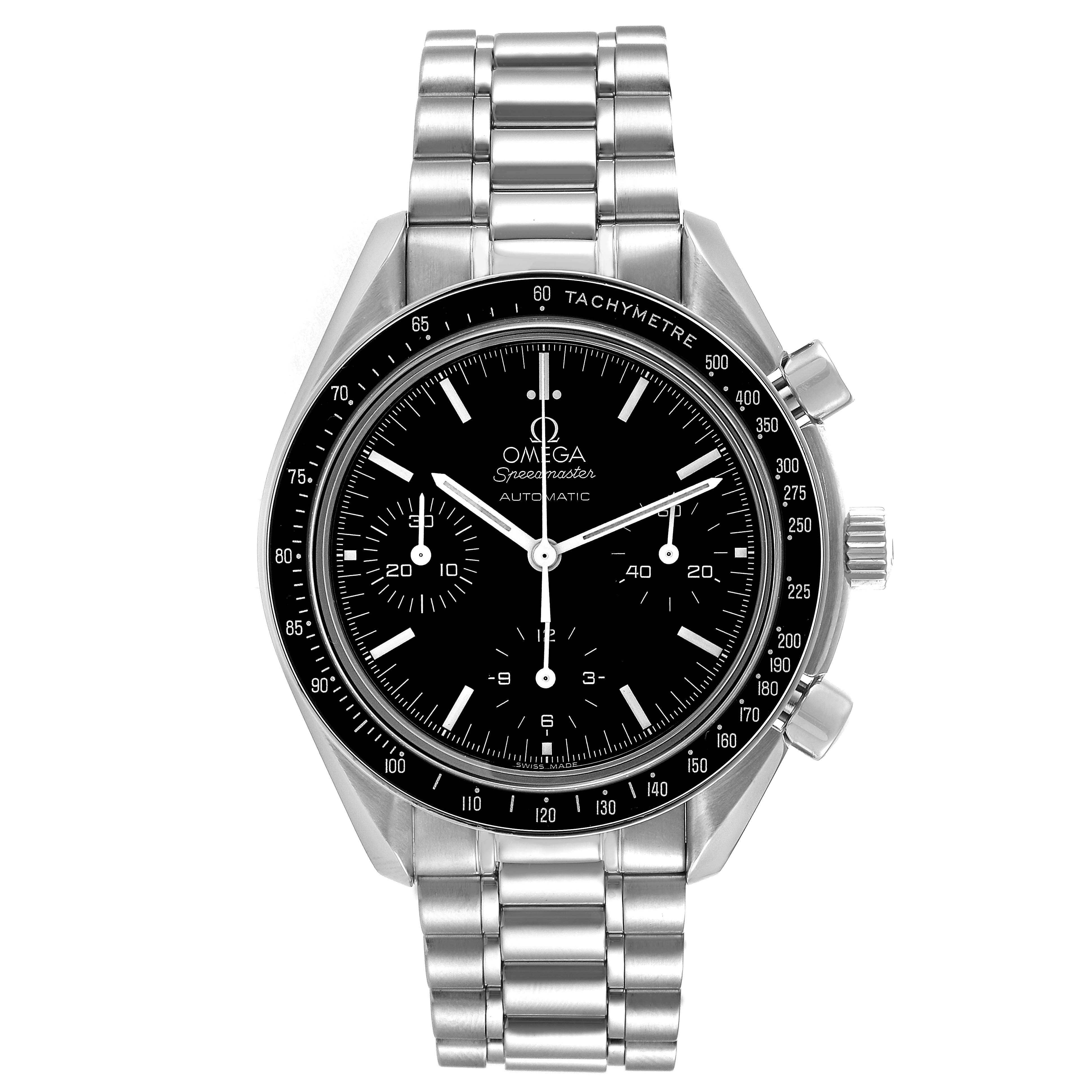 The image shows a front view of an Omega Speedmaster 3539.50.00 Men's Stainless Steel Black Dial 3539.50.00 Men's Stainless Steel Black Dial watch, displaying its dial, bezel, and metal bracelet.