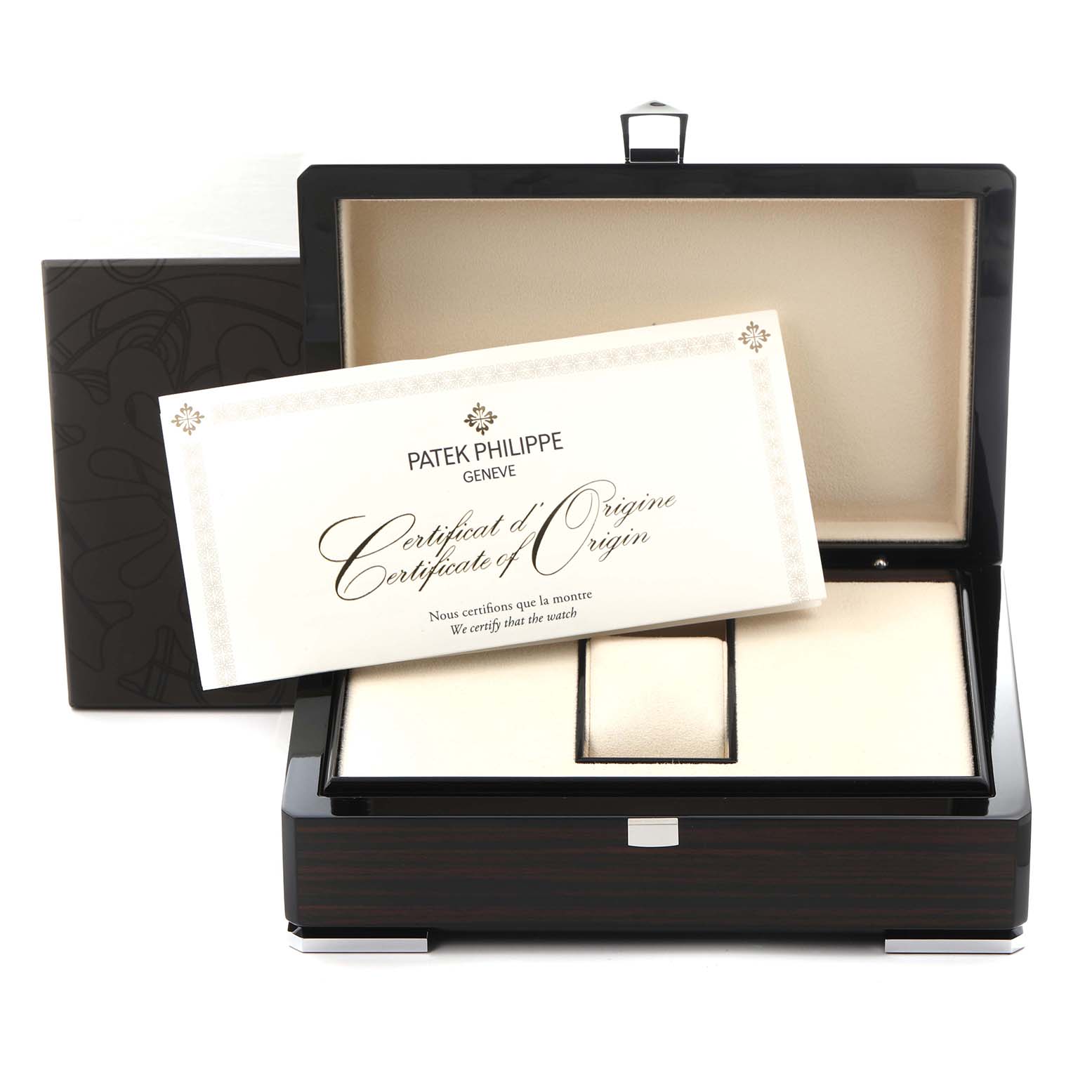 The image shows a Patek Philippe Aquanaut 5167A-001 Men's Stainless Steel Black Dial watch box with a Certificate of Origin inside.